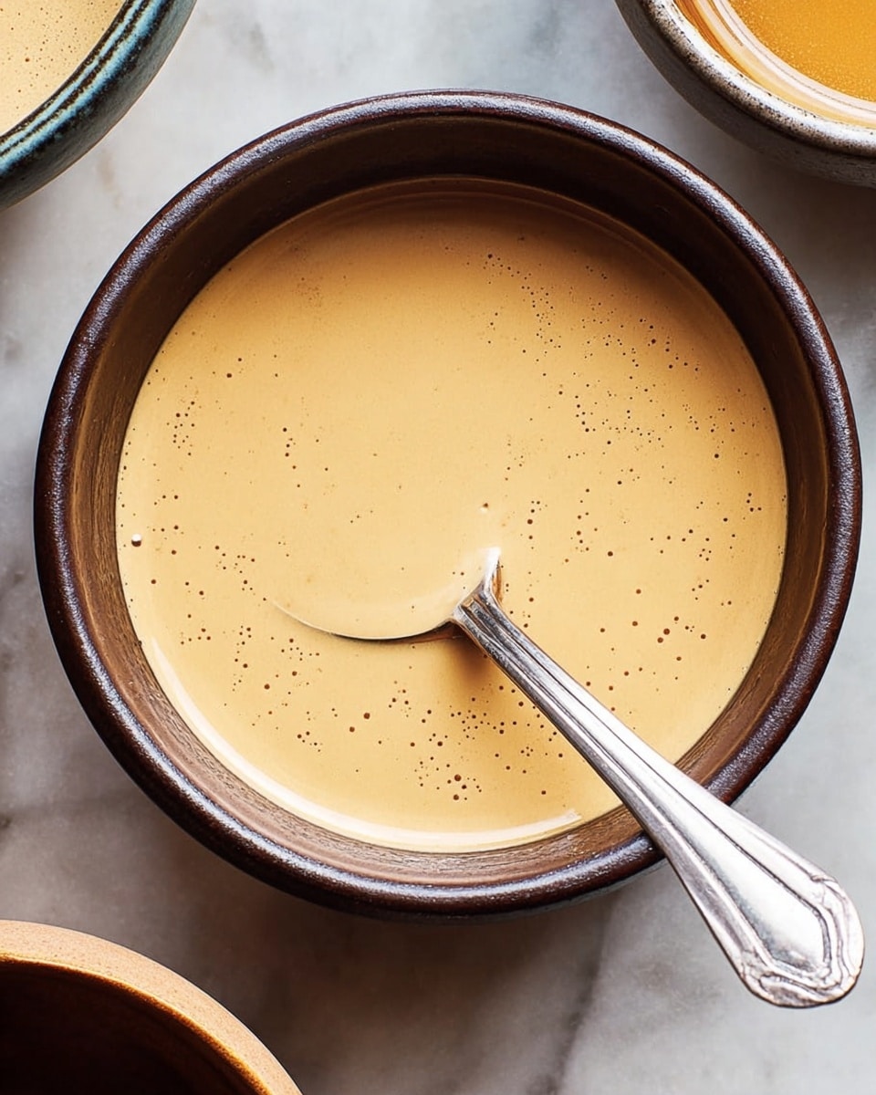 A close-up view of a dark brown bowl filled with a smooth, creamy light tan sauce, showing small bubbles on the surface. Inside the bowl, a shiny silver spoon rests partly in the sauce with its handle extending outward. The bowl sits on a white marbled surface with parts of other bowls visible at the edges. Photo taken with an iphone --ar 4:5 --v 7