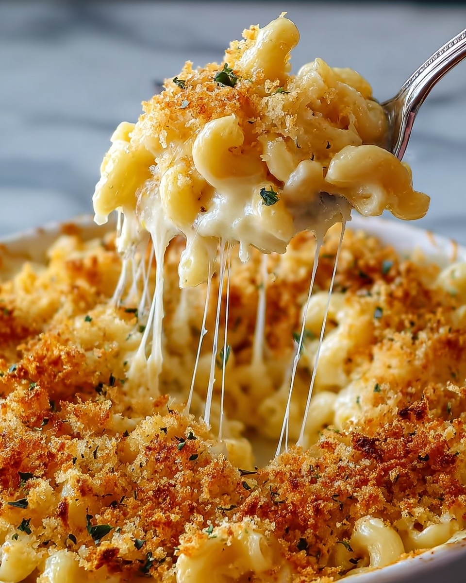 A close-up of macaroni and cheese being lifted by a silver spoon, showing soft, creamy yellow pasta noodles covered in melted cheese that stretches in thin strings. The dish has a crunchy, golden-brown breadcrumb topping spread evenly on top, with bits of herbs visible within the crispy layer. The macaroni appears very creamy and rich under the crispy surface, all sitting in a white dish. The background has a smooth white marbled texture. photo taken with an iphone --ar 4:5 --v 7