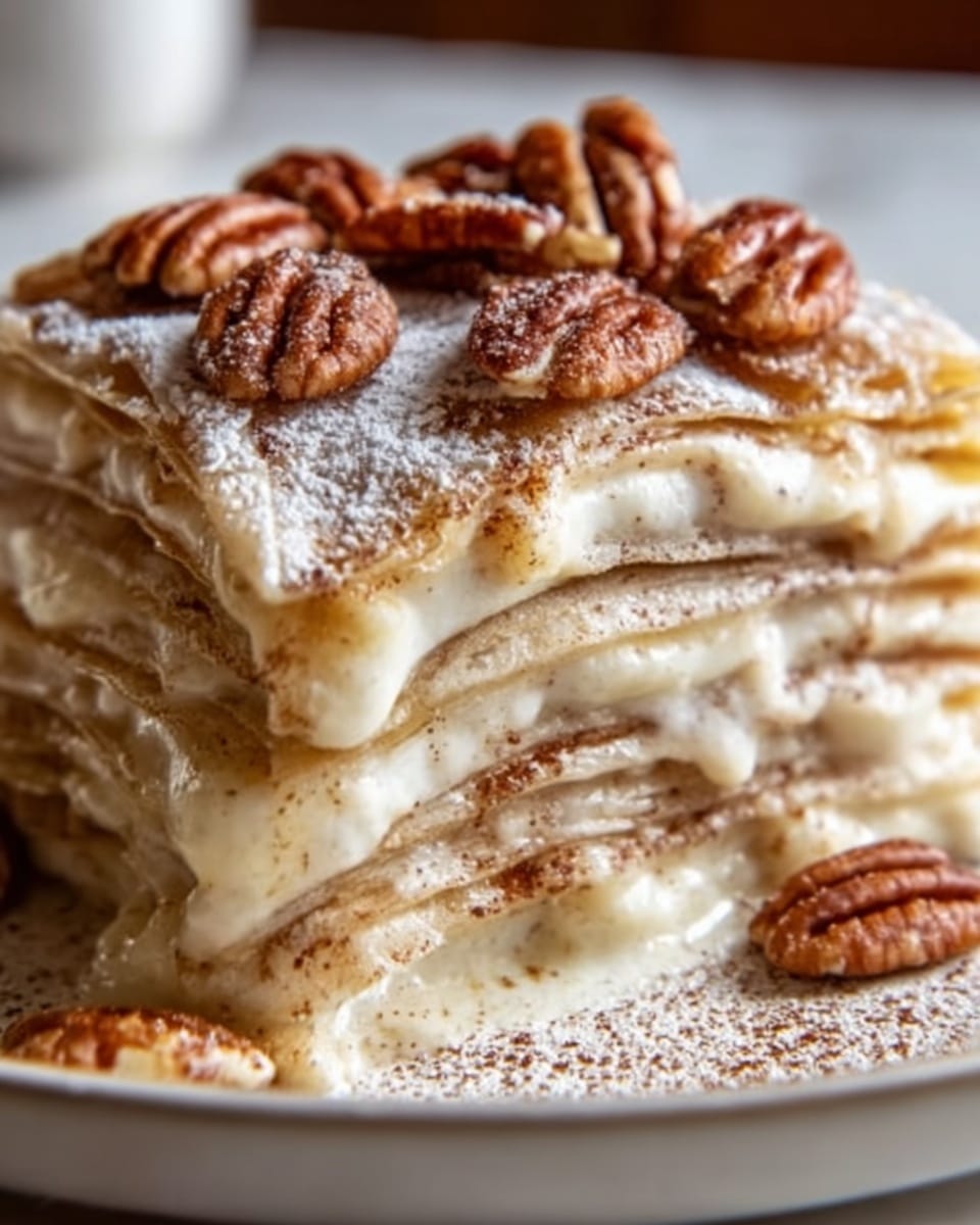 A close-up of a slice of layered crepe cake on a white plate, showing multiple thin crepe layers stacked evenly. Between each crepe is a creamy, light-colored filling with a smooth, slightly glossy texture. The top layer is dusted with powdered sugar and sprinkled with whole pecans, adding a rich brown contrast. There are small cinnamon specks on some layers, giving a warm tone. The background is a white marbled surface, softly blurred to keep the focus on the crepe cake. Photo taken with an iphone --ar 4:5 --v 7