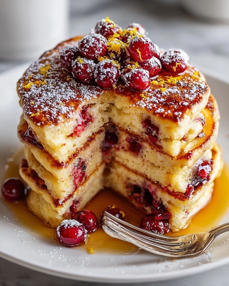 A stack of three thick, fluffy pancakes with a golden-brown surface and visible red berries inside each layer is placed in the center of a white plate. The pancakes are sliced to show their soft texture with embedded berries. On top of the stack, there is a small pile of shiny, whole red berries sprinkled with powdered sugar and small bright yellow zest pieces. Maple syrup glistens and drips over the edges, pooling on the white plate below. A silver fork rests on the right side of the plate, and the whole scene is set on a white marbled textured surface. photo taken with an iphone --ar 4:5 --v 7