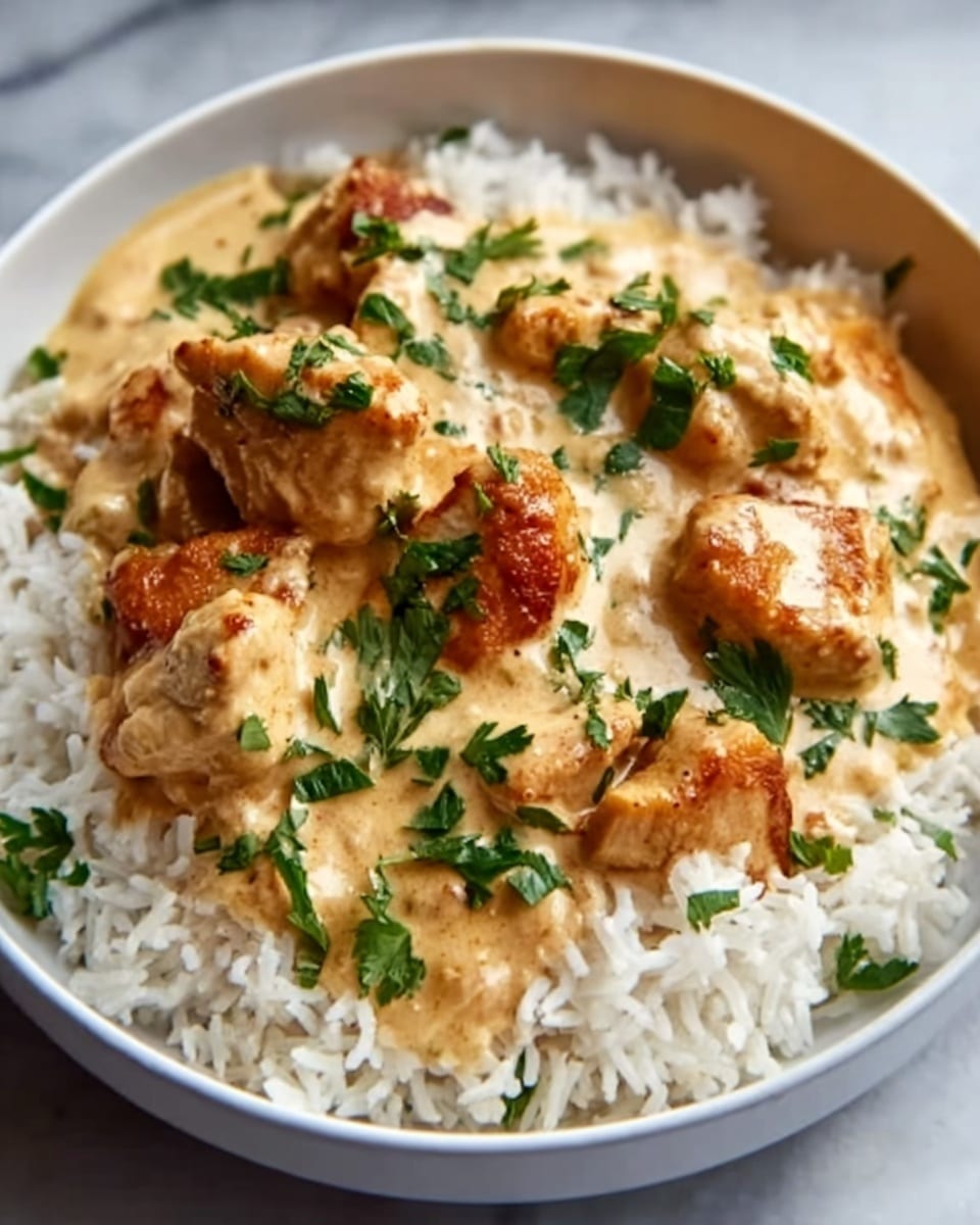 A shallow white bowl holds a dish of white rice topped with creamy chicken curry. The rice forms a fluffy base layer with small, separate grains visible. The creamy curry sits on top, thick and smooth, covering most of the rice with a pale orange-yellow color. Pieces of golden brown chicken are scattered on the curry, some with browned edges, giving a slight crispy look. Fresh green parsley leaves are sprinkled over the dish, adding a bright green contrast. The background is a white marbled surface. Photo taken with an iphone --ar 4:5 --v 7