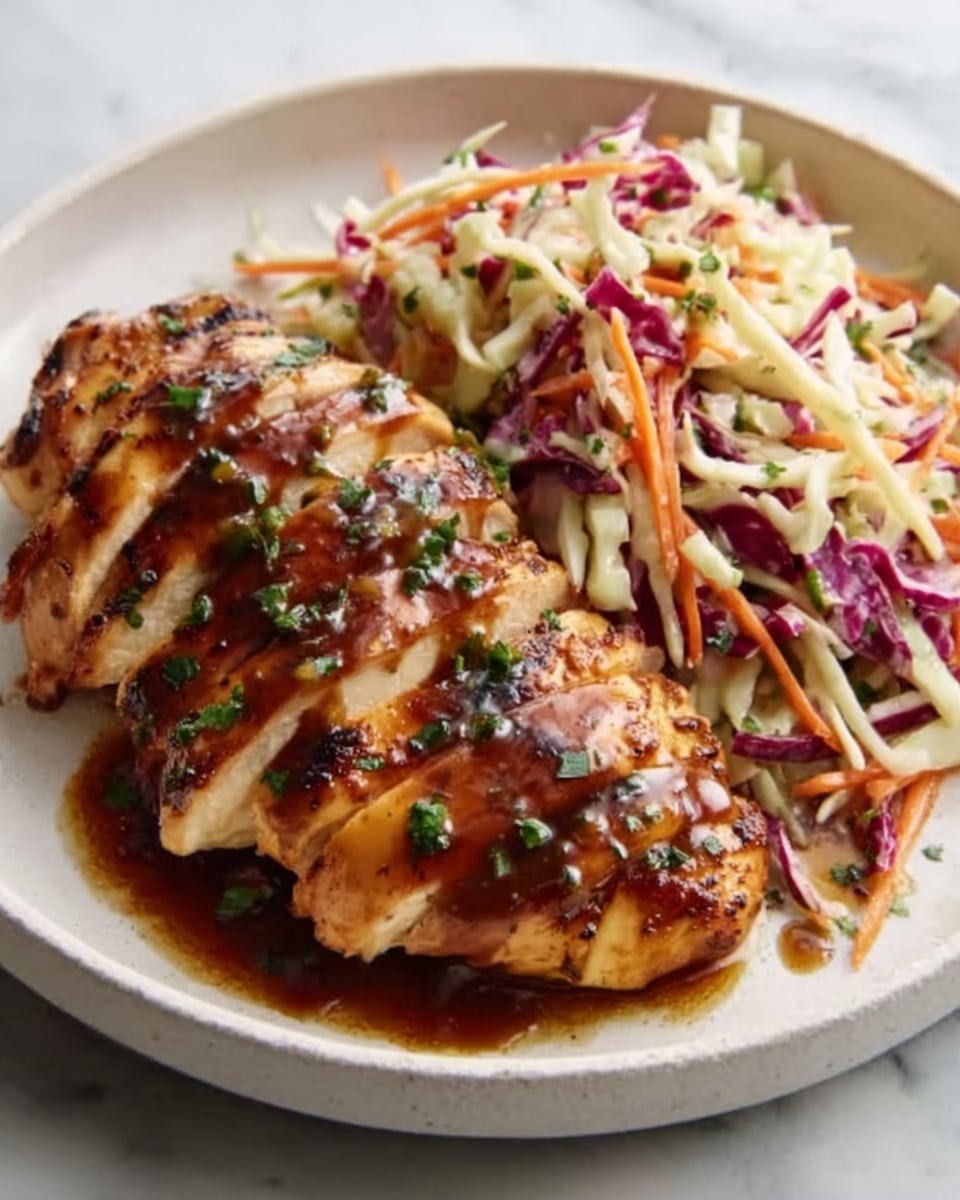 A white plate holds a sliced, golden-brown grilled chicken breast topped with a glossy dark brown sauce and sprinkled with small green herb pieces. Next to the chicken is a colorful side of coleslaw made of thinly sliced purple cabbage, orange carrot shreds, and light green cabbage mixed with a creamy dressing. The plate sits on a white marbled surface. photo taken with an iphone --ar 4:5 --v 7