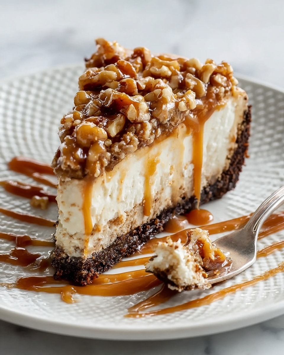 A slice of pie with three visible layers sits on a white plate with a textured pattern. The bottom layer is a crumbly, dark brown crust. The middle layer is thick and creamy, off-white in color. The top layer is a glossy mix of chopped nuts coated in a caramel sauce that drips slightly down the side. Around the slice on the plate, caramel sauce is drizzled in an artistic zigzag pattern. A silver fork with a small bite of pie rests on the plate in front of the slice. The whole scene is set on a white marbled texture surface. photo taken with an iphone --ar 4:5 --v 7