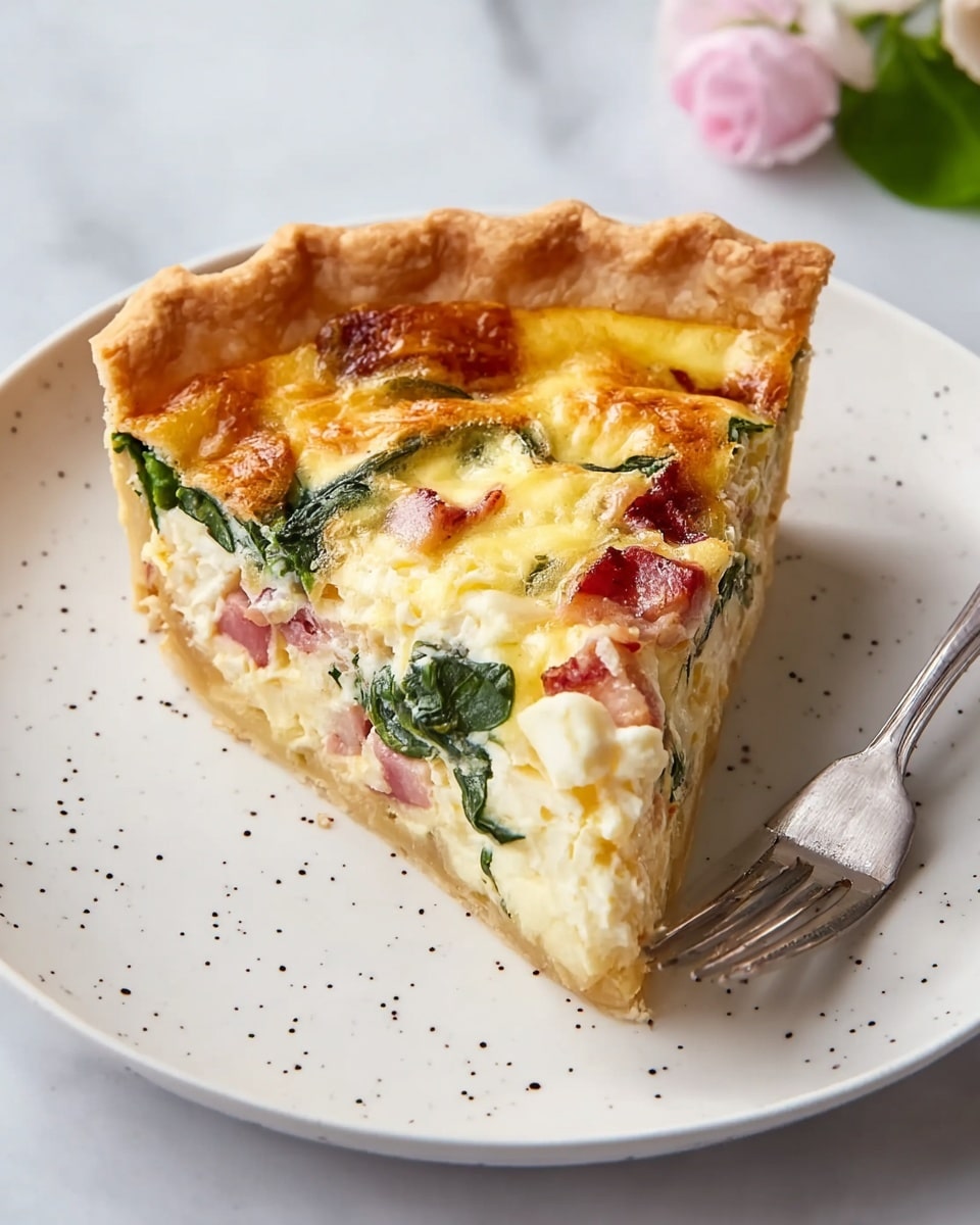 A single slice of quiche is shown on a white plate with small dark speckles, placed on a white marbled surface. The quiche has three visible layers: a golden-brown, flaky crust on the bottom and edges; a creamy, light yellow egg custard layer on top with some browned spots; and mixed inside are pieces of pinkish bacon and green spinach leaves, along with white chunks of cheese. A silver fork lies next to the slice on the plate, and a soft pink flower with green leaves is partly visible in the background. Photo taken with an iphone --ar 4:5 --v 7