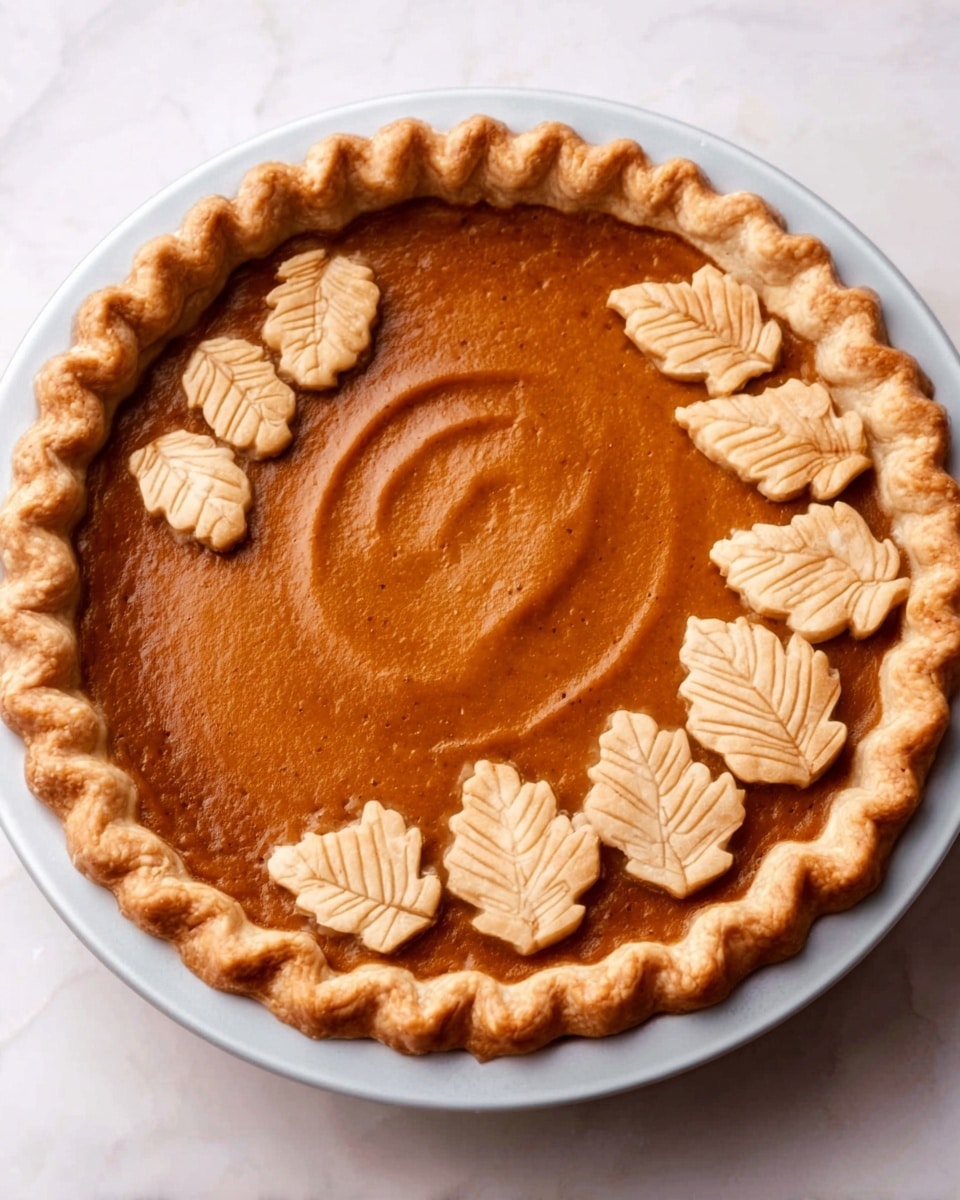 A perfectly baked pumpkin pie with a golden-brown crust that is crimped along the edge. The smooth, rich orange filling covers the entire inside, with subtle swirls visible on the surface. On the right side of the pie, there are nine small leaf-shaped crust decorations arranged in two columns, each leaf showing fine vein details, adding an artistic touch. The pie sits on a shiny white round plate, placed on a white marbled surface. Photo taken with an iphone --ar 4:5 --v 7