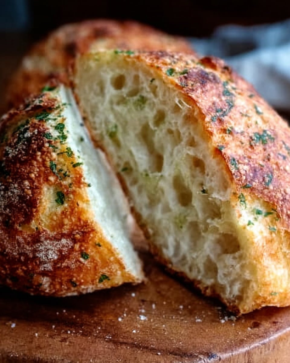 A close-up image of a round loaf of rustic bread cut in half, placed on a wooden board. The crust is golden brown with a slightly rough texture and sprinkled with green herbs. The inside is soft and airy with large holes, showing a white, fluffy crumb. The two halves are positioned with one half lying flat and the other leaning against it, showing the contrast between the crust and the soft interior. Photo taken with an iphone --ar 4:5 --v 7