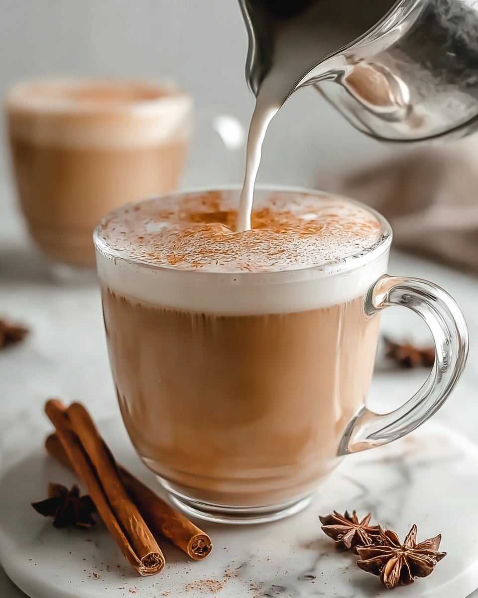 A clear glass cup filled with a creamy light brown drink topped by a thin layer of white foam sprinkled with cinnamon powder, milk being poured smoothly from a metal pitcher into the cup, placed on a white marbled surface. In the foreground on the surface, there are two brown cinnamon sticks and some star anise pieces scattered near the cup. In the blurred background, another similar glass cup is visible. photo taken with an iphone --ar 4:5 --v 7