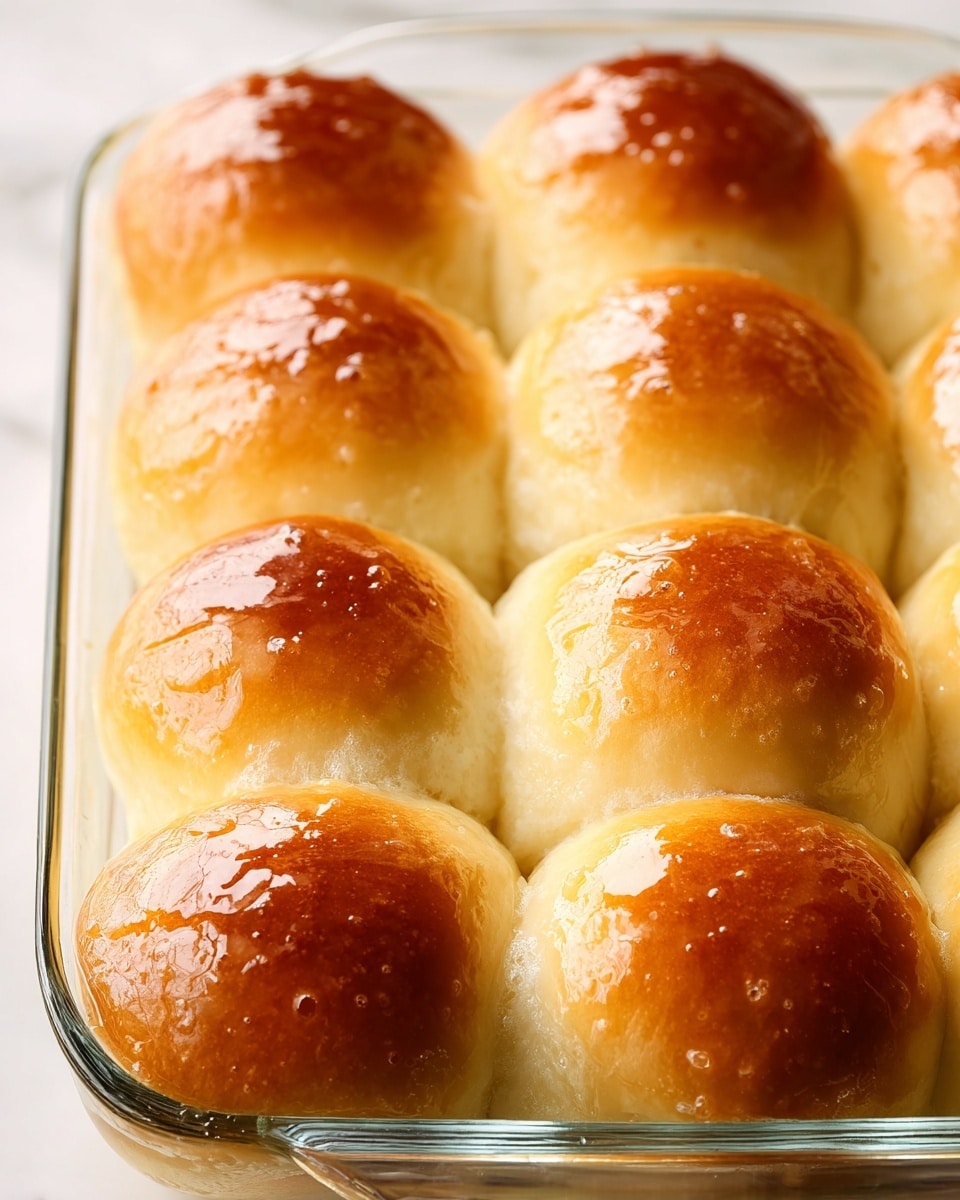 The image shows a clear baking dish filled with eight soft, golden-brown dinner rolls arranged in two rows of four. Each roll has a shiny, slightly sticky top, suggesting they have been brushed with butter or glaze, giving them a glossy look. The rolls are closely packed, with a smooth, fluffy texture on their sides and a slight rise forming rounded tops. The clear dish sits on a white marbled surface that softly contrasts with the warm colors of the rolls. Photo taken with an iphone --ar 4:5 --v 7