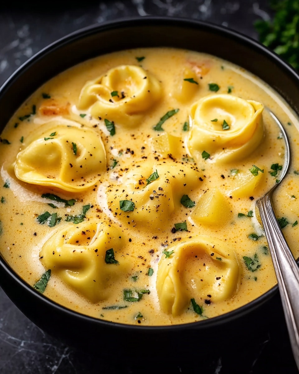 A black bowl filled with creamy yellow soup that has five pieces of tortellini floating on top. The soup has small chunks of translucent potatoes and bits of browned bacon scattered throughout. There are green herb sprinkles and black pepper dots spread evenly over the surface. A silver spoon rests inside the bowl on the right side. The whole setting is on a white marbled texture background. photo taken with an iphone --ar 4:5 --v 7