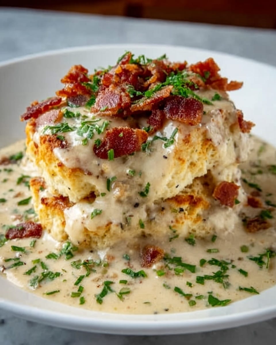 A white plate holds a layered biscuit split into two, covered in thick white gravy with visible pepper and bits of sausage. The biscuit layers are golden and fluffy inside, topped with crispy brown bacon pieces and sprinkled with finely chopped green herbs. The sauce spreads richly around the biscuit on a white marbled surface background. Photo taken with an iphone --ar 4:5 --v 7