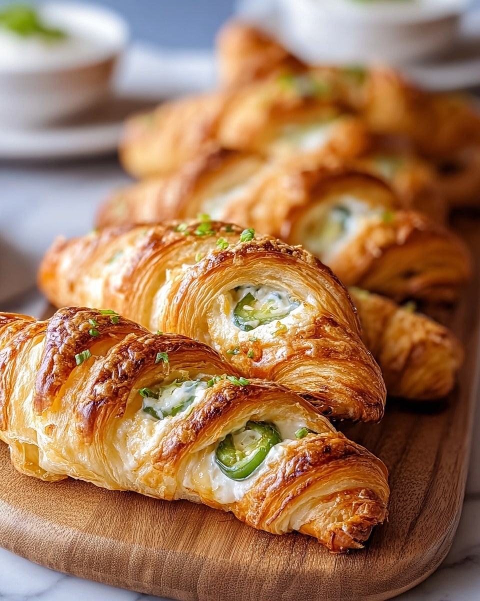 The image shows several golden-brown croissants arranged closely on a wooden board over a white marbled surface. Each croissant has a flaky, crispy outer layer with darker toasted spots and a twisted shape. Inside, visible through the curl of the pastry, is a creamy white filling with green slices, likely jalapeño or similar pepper, and small green herb pieces sprinkled on top. The layers highlight the contrast between the crunchy outside and the smooth filling inside. The background is softly blurred with white dishes partially in view. Photo taken with an iphone --ar 4:5 --v 7