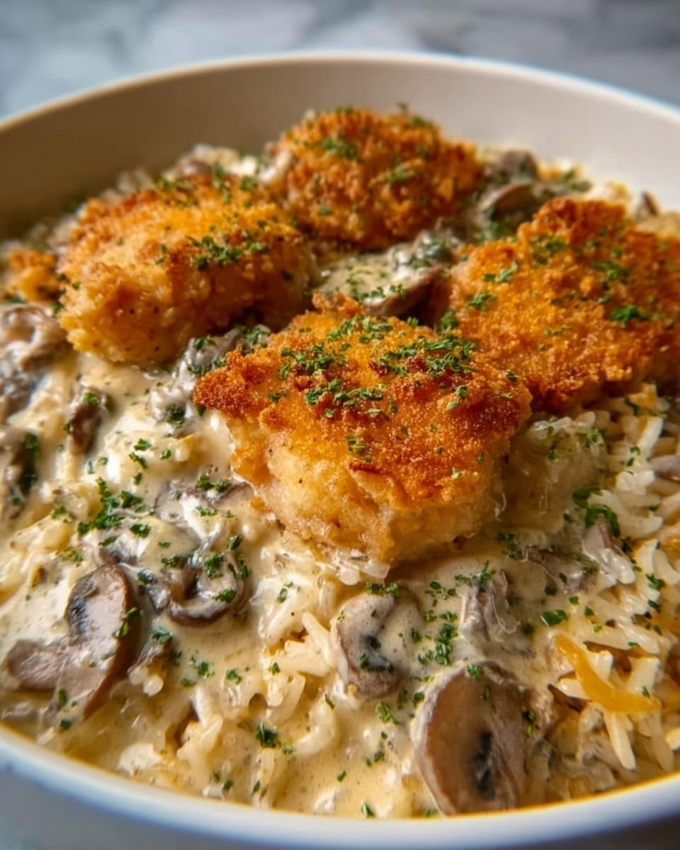 The image shows a close-up of a rice dish with three pieces of golden-brown, crispy chicken on top. The rice is light in color and looks soft with some visible grains. A creamy mushroom sauce with sliced mushrooms covers parts of the rice and chicken, adding a smooth texture. The chicken pieces are sprinkled with green herbs, giving a fresh look. Everything is on a white plate placed on a white marbled surface. Photo taken with an iphone --ar 4:5 --v 7