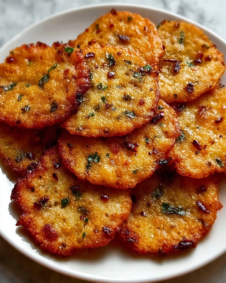 A white plate holds about ten round, flat fritters stacked and slightly overlapping each other. Each fritter has a golden-brown, crispy outer edge with a textured surface showing small bits of green herbs and dark brown fried spices scattered across. The fritters have a shiny, oily look with uneven, rough edges and tiny holes, giving a crunchy appearance. The background is a white marbled texture. photo taken with an iphone --ar 4:5 --v 7