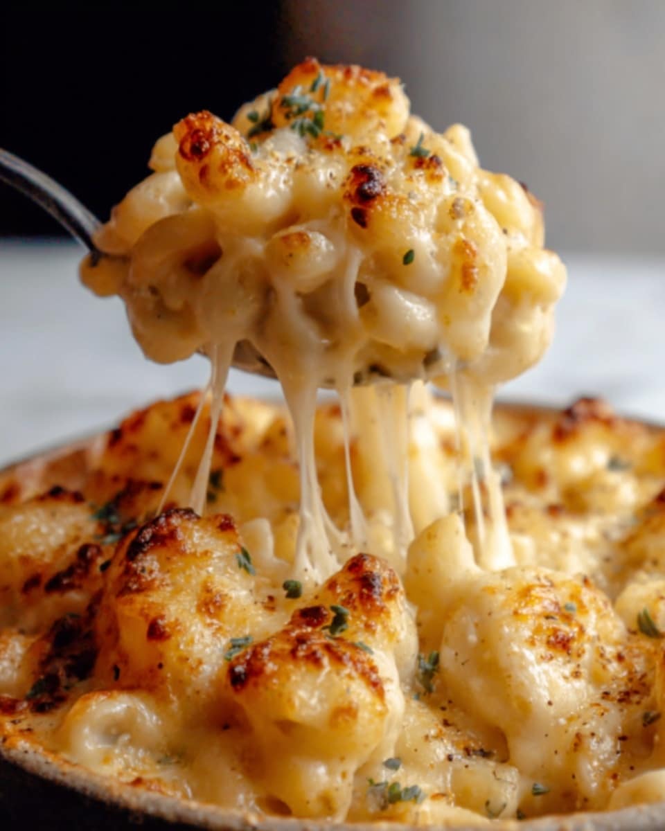 A close-up image of macaroni and cheese in a white bowl showing gooey melted cheese stretching as a woman's hand lifts a spoonful. The macaroni is covered in a thick layer of creamy, golden cheese sauce with a slightly browned, crispy cheese topping. Small bits of herbs are sprinkled on top, adding subtle green color. The texture is rich and cheesy with a shiny, smooth melt over the pasta. The background is a white marbled texture, creating a clean and bright setting. photo taken with an iphone --ar 4:5 --v 7