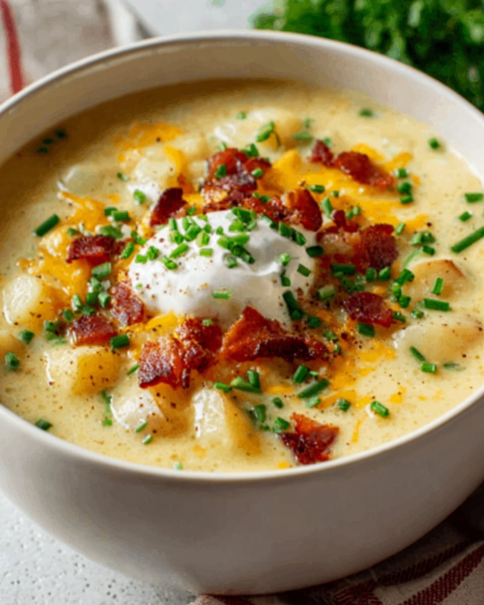 A white bowl filled with creamy soup showing several layers: the top layer has small bright green chopped chives, crispy brown bacon pieces, and a dollop of white sour cream at the center. Below that, the soup looks thick and creamy with a light yellow color. There are visible chunks of cooked potatoes scattered evenly throughout the soup. The bowl sits on a white marbled textured surface with a blurred background showing some green herbs. Photo taken with an iphone --ar 4:5 --v 7