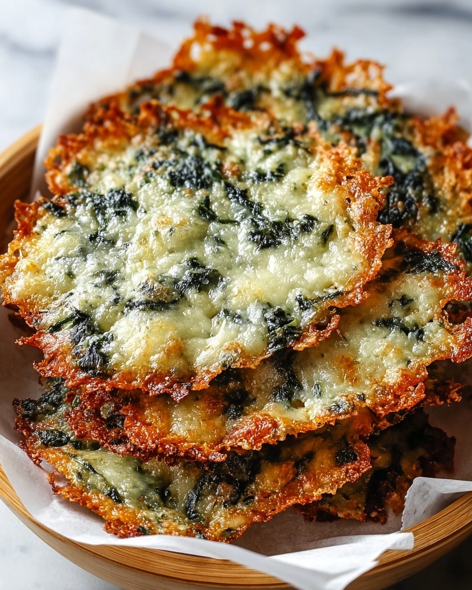 A close-up view of a stack of crispy spinach and cheese crisps placed in a white bowl lined with white parchment paper. Each crisp has a golden-brown, crunchy edge with melted cheese that looks bubbly and slightly browned, mixed evenly with dark green spinach pieces throughout. The crisps are thin and irregularly shaped, layered one on top of another, showing their textured, lacy, and crispy surfaces. The background is a white marbled texture. photo taken with an iphone --ar 4:5 --v 7