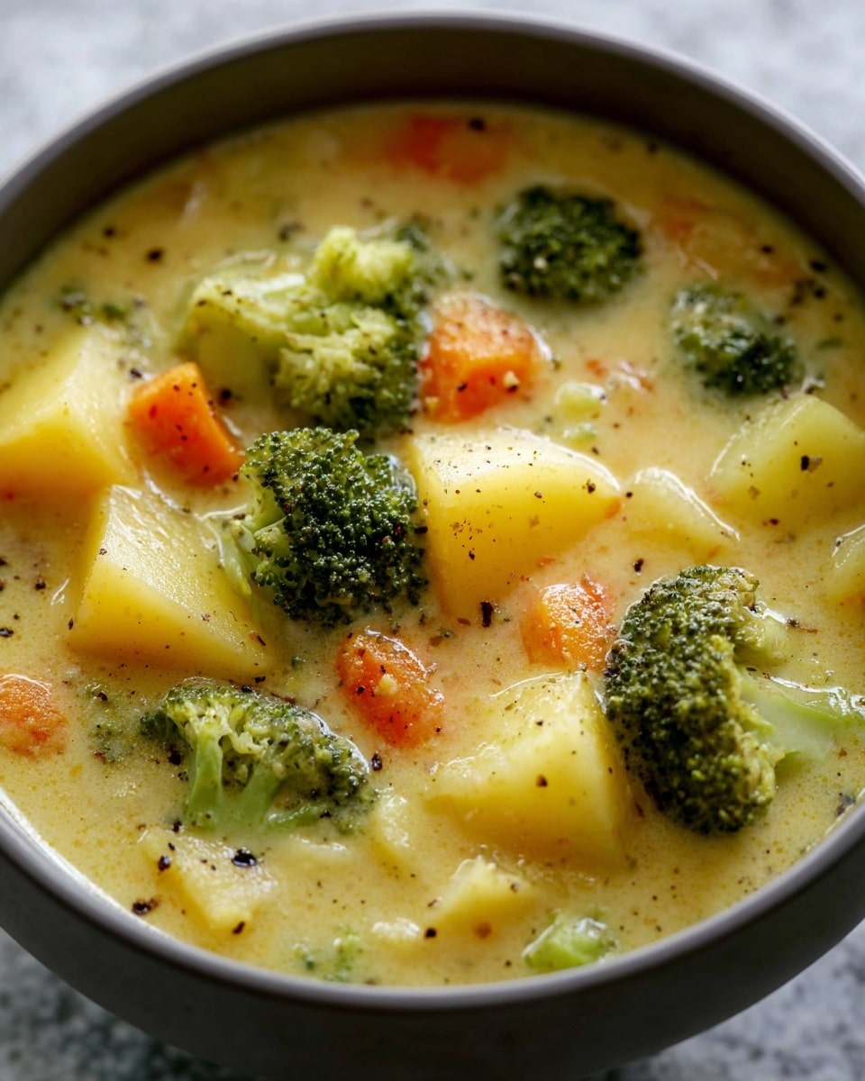 A close-up of a creamy soup in a gray bowl set on a white marbled texture, showing three main layers: bright green broccoli florets with a slightly bumpy texture, soft yellow potato chunks with smooth surfaces, and small orange carrot pieces that appear tender. The creamy broth is pale yellow with a thick and smooth texture, speckled with black pepper, filling the bowl and surrounding the vegetables, giving a warm and hearty look. Photo taken with an iphone --ar 4:5 --v 7
