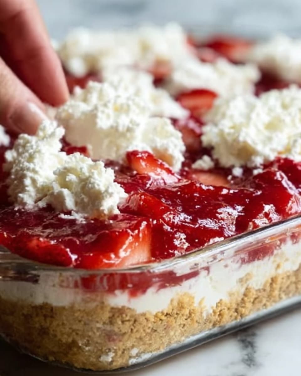 The image shows a close-up of a layered dessert in a clear glass dish. The bottom layer looks crumbly and golden brown, like a crust made from crushed cookies or graham crackers. On top of the crust is a bright red layer of strawberry jam or jelly, shiny and smooth with pieces of sliced strawberries visible. The top layer is dollops of white whipped cream or soft cheese, spread unevenly over the strawberries, giving a soft, fluffy texture. A woman's hand is reaching into the dish, suggesting the dessert is about to be served. The background is a white marbled surface. Photo taken with an iphone --ar 4:5 --v 7