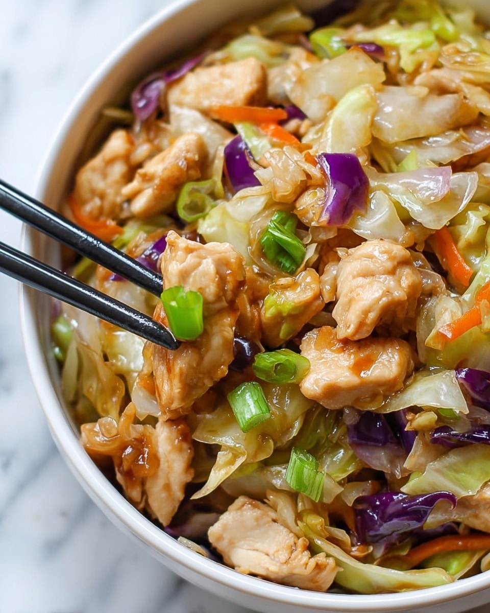 The image shows a close-up of a bowl of stir-fried chicken mixed with chopped vegetables. The dish has small pieces of cooked chicken that are light brown with a slightly crispy texture. Mixed with the chicken are layers of light green cabbage leaves, bright purple cabbage pieces, small green scallion pieces, and bits of orange carrot. The colors are vibrant and the ingredients look tender and moist, all placed in a white bowl. Black chopsticks are picking up some of the food on the right side. The background is a white marbled texture. photo taken with an iphone --ar 4:5 --v 7
