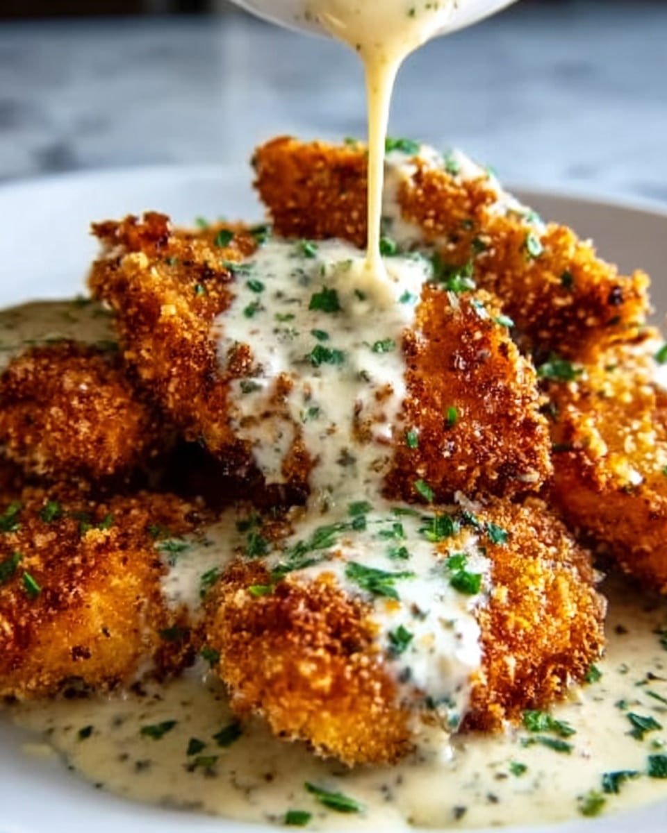 A close-up shot of crispy golden-brown fried chicken pieces arranged on a white plate, each piece showing a crunchy, textured crust. Creamy white sauce with green herbs is being poured over the chicken from above, covering parts of the crispy surface and pooling around the base. Small chopped green herbs are sprinkled on top, adding color contrast to the golden brown and cream tones. The background is a white marbled texture. Photo taken with an iphone --ar 4:5 --v 7