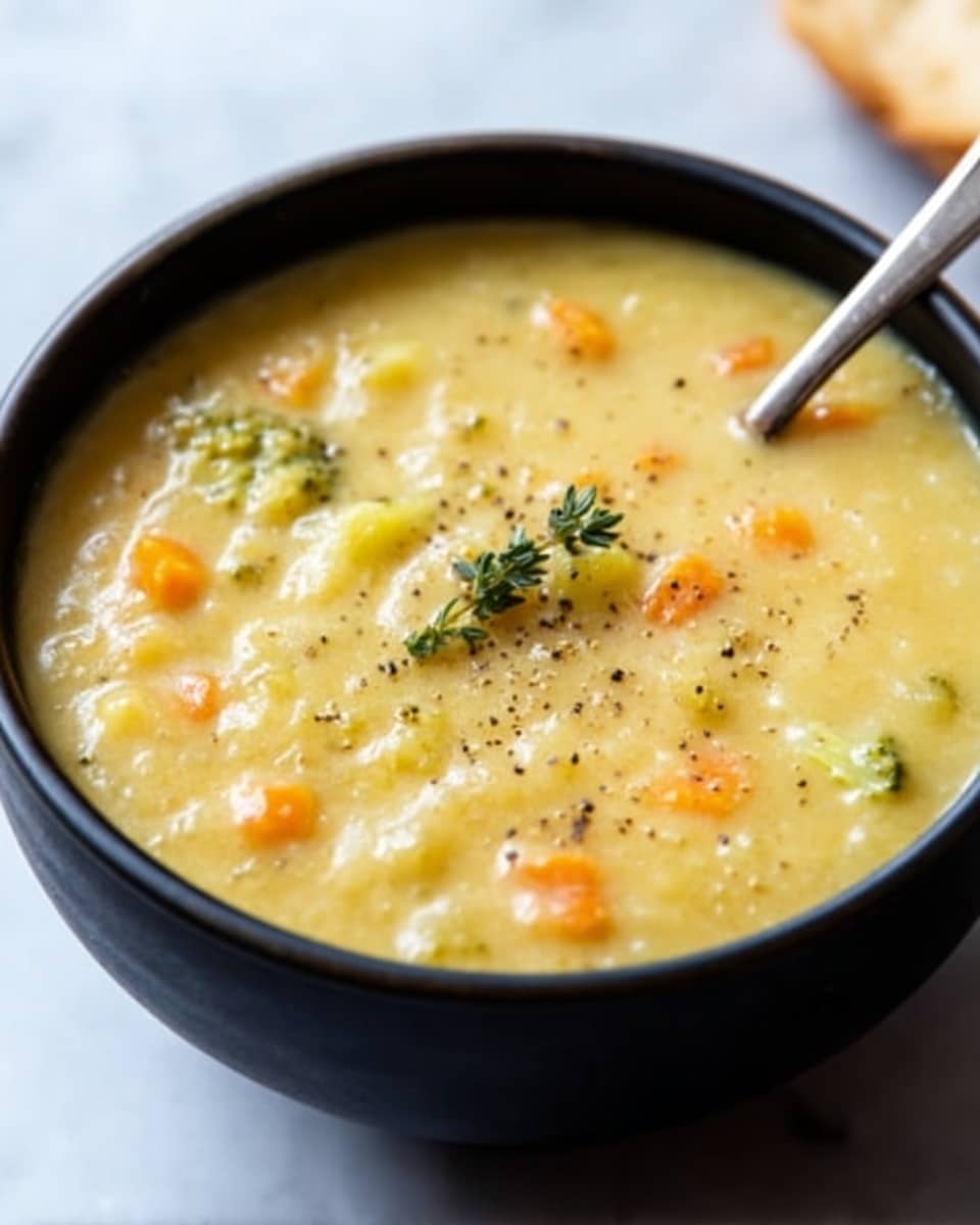 The image shows a black bowl filled with thick, creamy soup that appears pale yellow with chunks of light yellow potatoes, small orange carrot pieces, and bits of green broccoli scattered throughout. The soup is garnished on top with a small sprig of fresh thyme and a sprinkle of black pepper. A silver spoon is partially dipped into the soup, resting inside the bowl. The bowl is placed on a white marbled surface. Photo taken with an iphone --ar 4:5 --v 7