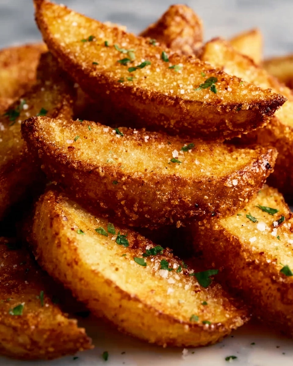 The image shows a close-up view of a pile of crispy potato wedges stacked unevenly on a white marbled surface. Each wedge has a rough, golden-brown crust with visible breading and small green parsley bits sprinkled on top, adding a touch of green color. The texture looks crunchy and slightly grainy from the coating, with some wedges angled to show their soft inside. Photo taken with an iphone --ar 4:5 --v 7