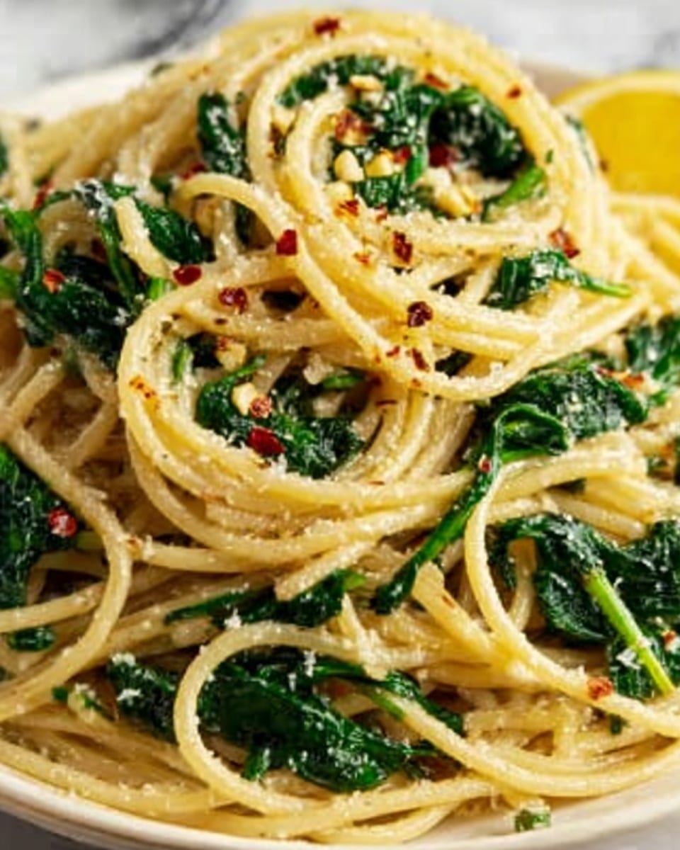 A close-up view of a plate with spaghetti pasta mixed with wilted green spinach leaves. The spaghetti is light golden and looks soft, lightly coated with oil or sauce, with small bits of minced garlic and crushed red pepper flakes sprinkled evenly on top. The spinach adds a fresh dark green color, slightly wilted but still vibrant. The pasta strands are twisted together in layers, creating a textured look with some strands wrapped around the spinach. The plate is white, sitting on a white marbled surface. Photo taken with an iphone --ar 4:5 --v 7