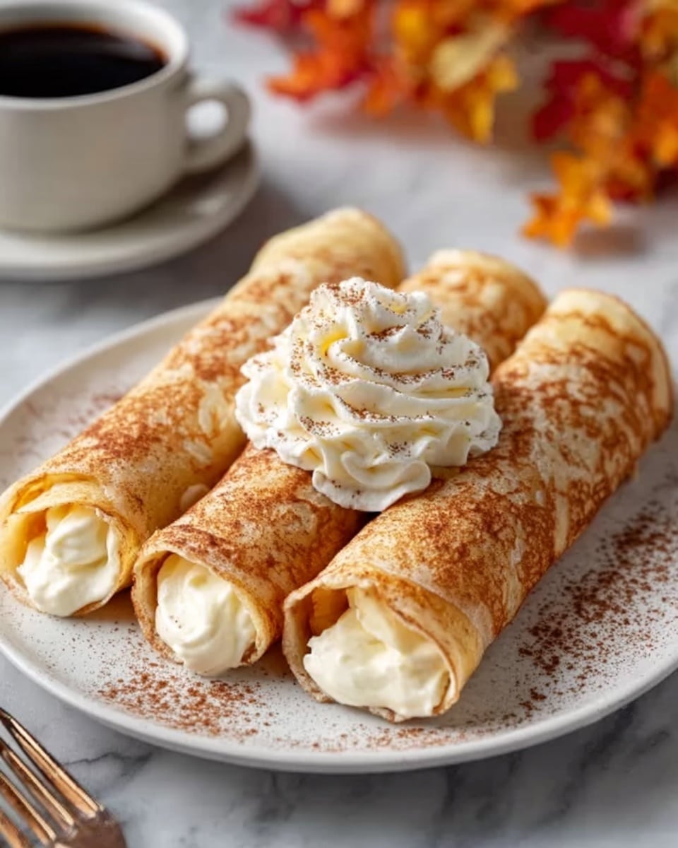 Three rolled crepes filled with creamy white filling are arranged side by side on a white plate, each crepe light golden brown with a slightly crispy texture and sprinkled with a light dusting of cinnamon or cocoa powder. In the center of the three crepes is a swirl of white whipped cream topped with a small pinch of the same powder. The plate sits on a white marbled surface, with part of a silver fork visible at the bottom left and a blurred cup of black coffee in the background. Warm autumn colors from out-of-focus leaves add a cozy feeling to the scene. Photo taken with an iphone --ar 4:5 --v 7
