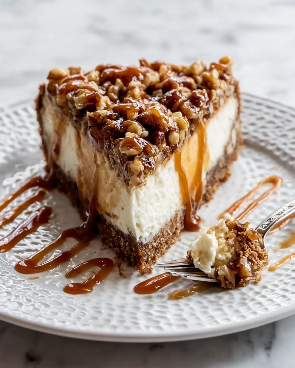 A slice of three-layered pie sits on a white plate with a textured pattern. The bottom layer is a crumbly, light brown crust, thick and firm. The middle layer is a thick, creamy off-white filling with a smooth texture. The top layer is a chunky mix of golden brown walnuts coated in sticky caramel sauce that drips down the sides. Caramel sauce is also drizzled in a zigzag pattern across the plate around the pie slice. A metal fork rests on the plate near the slice with some pie filling and caramel on its tines. The background shows a white marbled surface. photo taken with an iphone --ar 4:5 --v 7