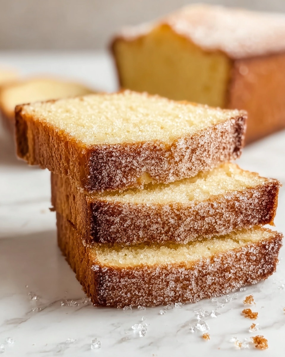 The image shows three slices of sugar-coated pound cake stacked unevenly on a white marbled surface. Each slice has a golden-brown crust covered with a layer of sparkling sugar crystals, and the inside of the cake is light yellow with a soft, tender texture. The background is blurred, featuring another larger piece of the pound cake dusted with sugar, adding depth to the picture. Photo taken with an iphone --ar 4:5 --v 7