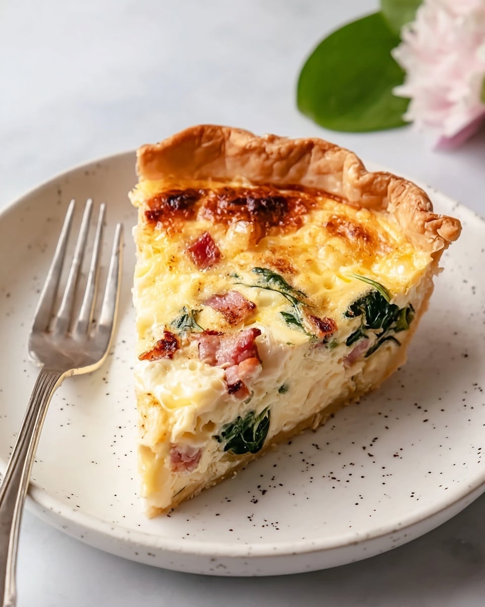 A slice of quiche is shown on a white plate, with three visible layers: the top layer is a golden, slightly browned cheese with a smooth, glossy texture, the middle layer contains chunks of pinkish-red bacon and dark green leafy spinach mixed into a creamy, light-colored egg filling, and the bottom layer is a thick, flaky, golden-brown crust with a crimped edge. A silver fork lies beside the quiche on the plate, and the plate is placed on a white marbled surface with a soft pink flower and green leaf in the upper corner. Photo taken with an iphone --ar 4:5 --v 7