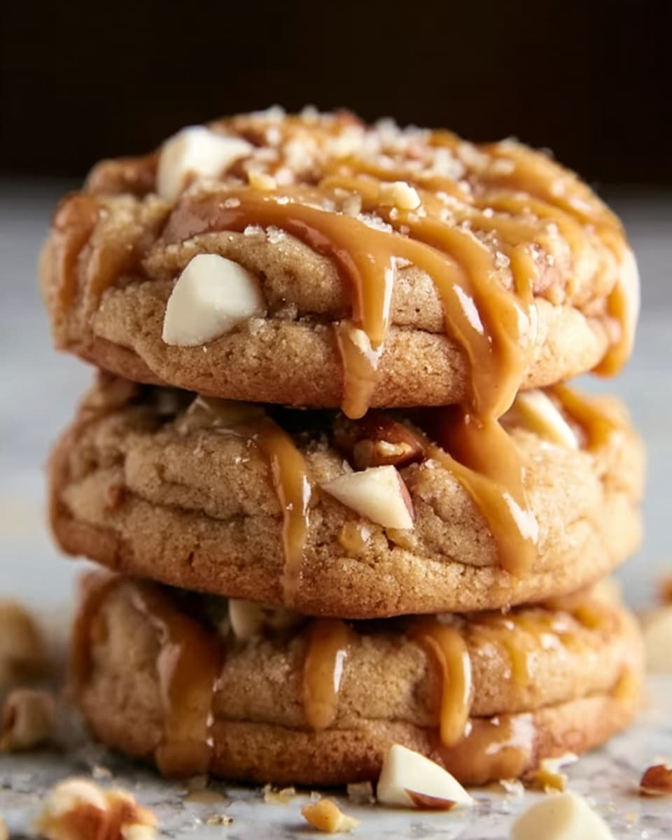 A stack of three thick cookies with soft, pale golden centers and slightly darker edges is shown. Each cookie is topped with small, chopped peanuts scattered evenly on top, and a shiny caramel drizzle flows over the stack in thin, glossy lines. The cookies have a cracked texture on the surface, giving a fresh, chewy look. The background shows a white marbled texture. photo taken with an iphone --ar 4:5 --v 7