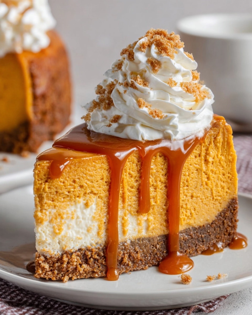 A slice of pumpkin cheesecake with three layers sits on a white plate on a white marbled surface. The bottom layer is thick, crumbly, and brown, serving as the crust. The middle layer is thick, smooth, and bright orange, representing the pumpkin cheesecake filling. The top layer is shiny caramel sauce dripping down the sides, topped with a fluffy white whipped cream dollop sprinkled with light brown crumbs. In the background, a whole cheesecake and a white pitcher blur softly. Photo taken with an iphone --ar 4:5 --v 7