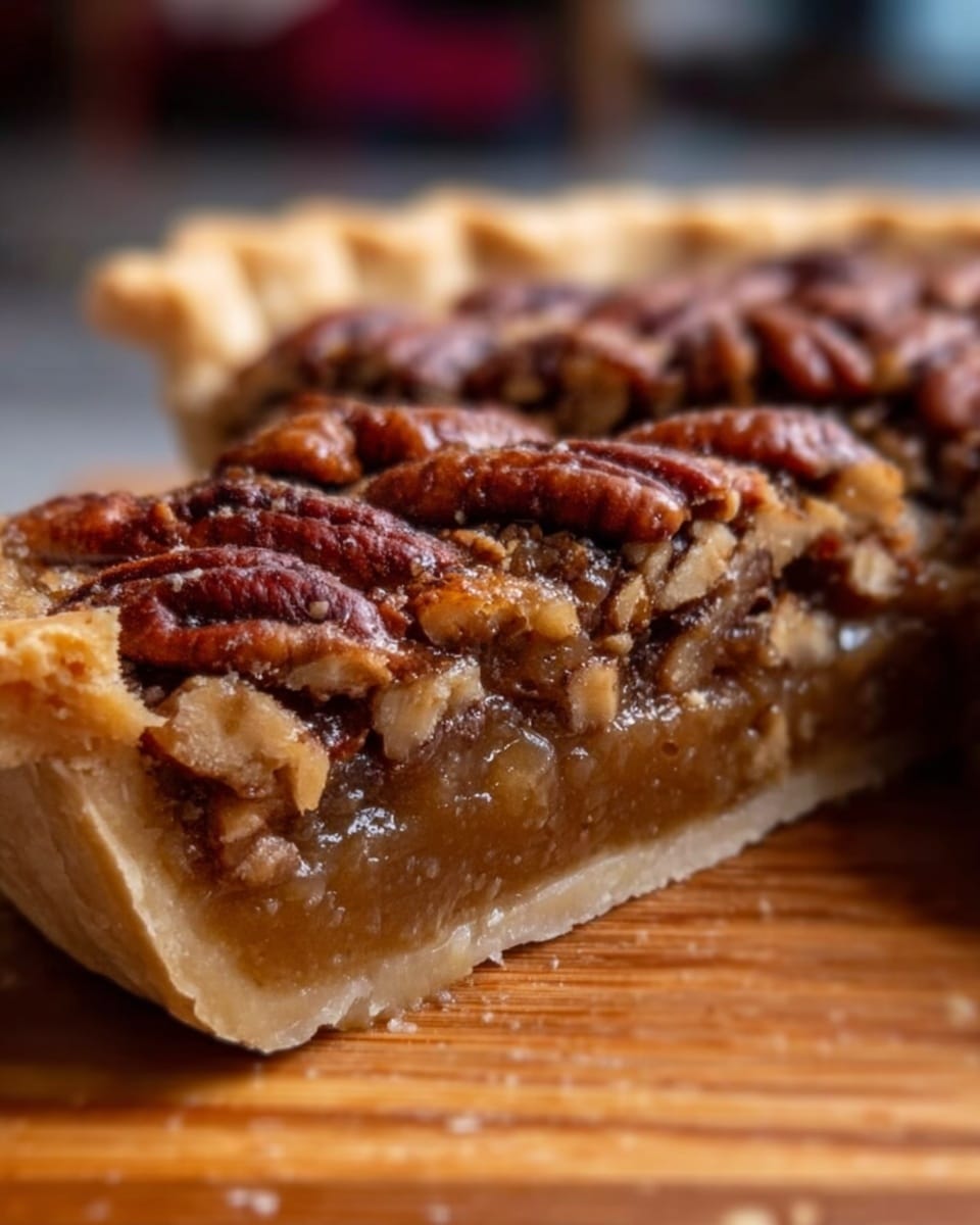The image shows a close-up of a slice of pecan pie on a wooden surface, with the pie slice filling the frame from left to right. The pie has three clear layers: a light golden crust at the bottom that looks firm and slightly crumbly, a thick, amber-colored filling in the middle that is smooth and glossy, and a top layer full of whole, shiny pecans that are rich brown with a slightly caramelized texture. The edges of the crust are visible on the left side, where the pie rests directly on the wood. The background is softly blurred with a white marbled texture. photo taken with an iphone --ar 4:5 --v 7