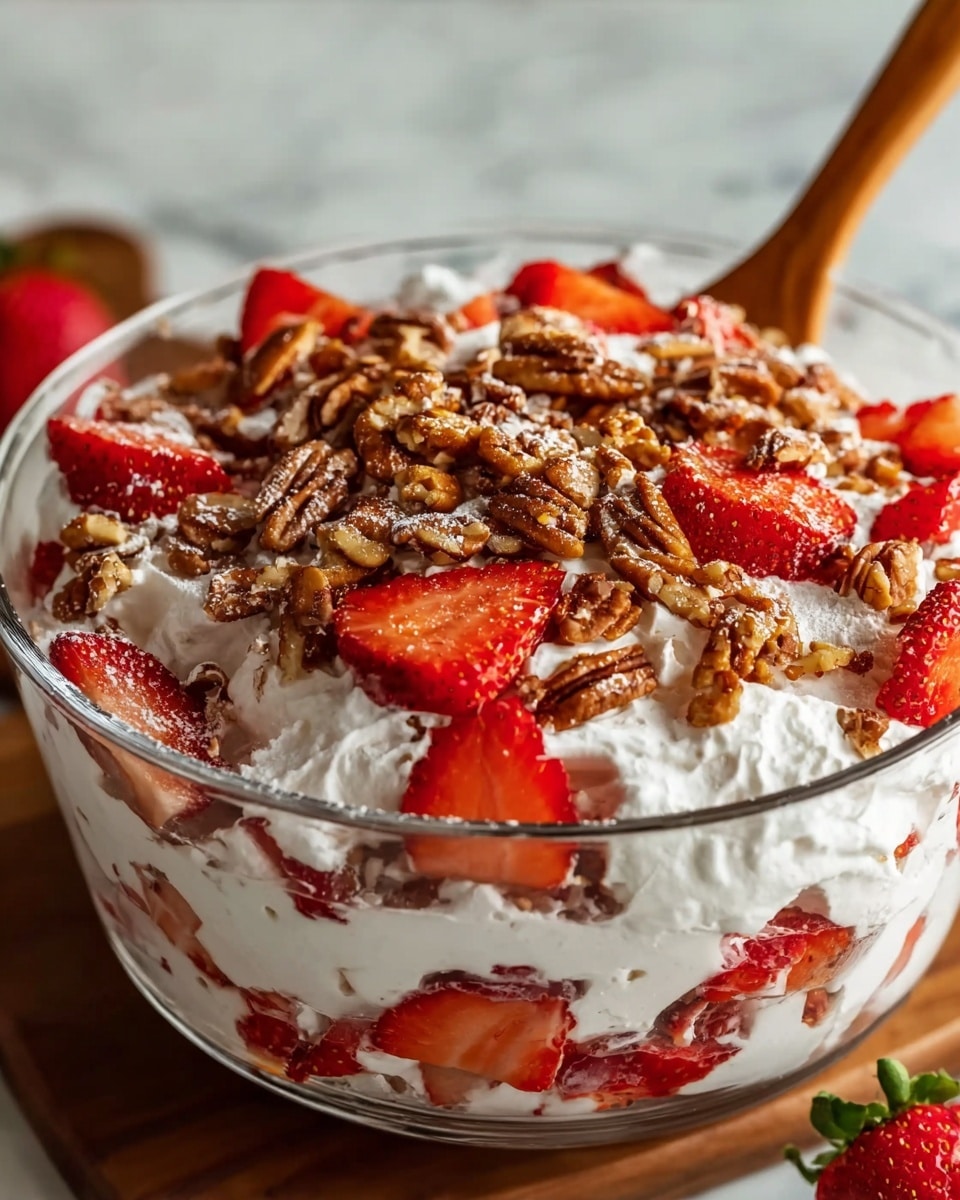 A clear glass bowl filled with layers of bright red sliced strawberries, white fluffy whipped cream, and golden brown pecan nuts mixed throughout; the whipped cream is spread unevenly between the fresh strawberry slices and crunchy pecans, creating a textured, colorful, and inviting dessert. The bowl is set on a white marbled surface, and a wooden spoon is partly visible resting inside the bowl. Photo taken with an iphone --ar 4:5 --v 7