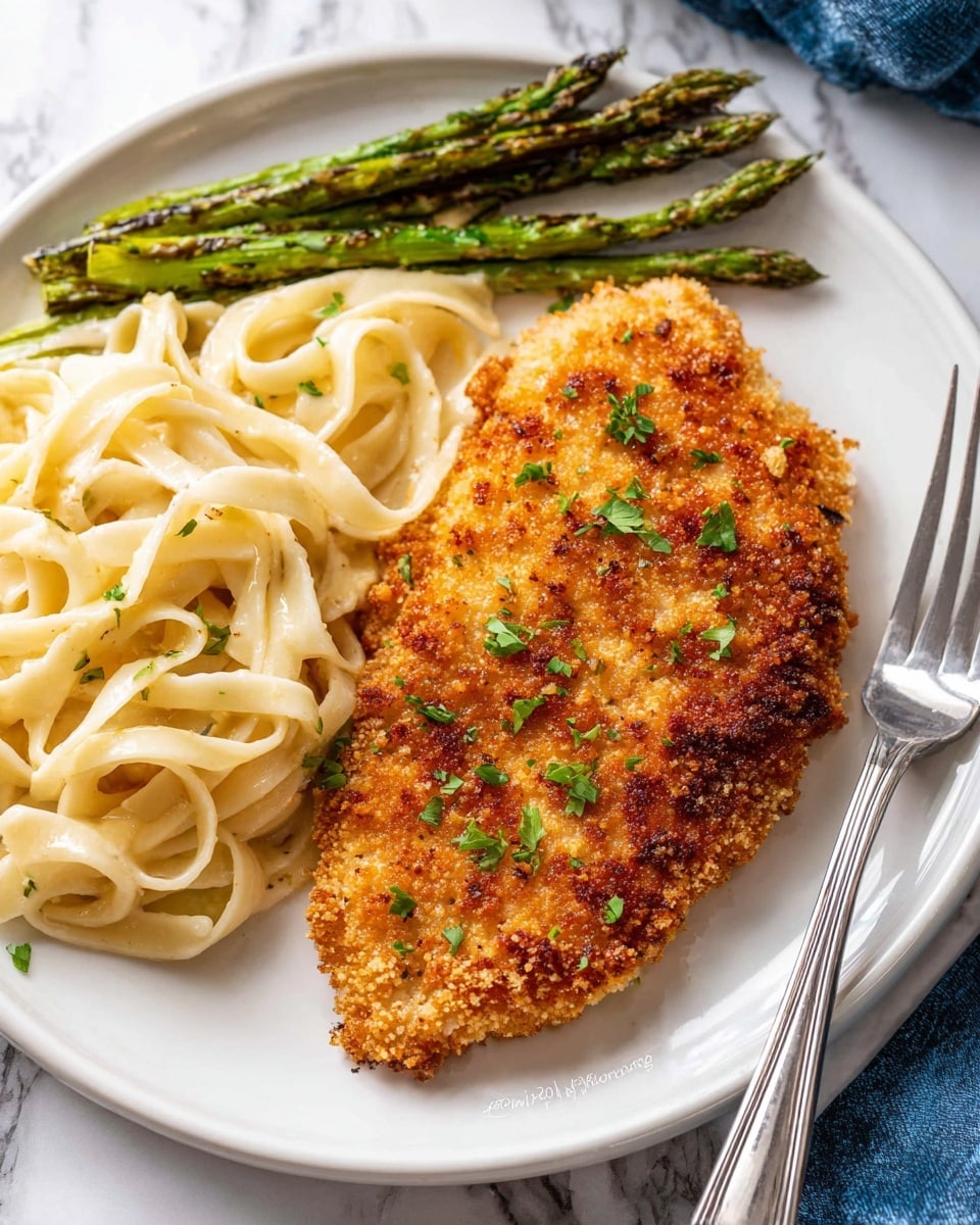 A white plate holds a meal with three main parts: a golden-brown, crispy breaded chicken cutlet on the right side, showing some green herb bits sprinkled on top; to the left of the chicken, a small pile of creamy, pale yellow fettuccine noodles twisted in a loose bundle; behind the pasta, several stalks of green asparagus arranged neatly, pointing towards the upper left corner. The plate rests on a white marbled surface with a silver fork on the lower right. photo taken with an iphone --ar 4:5 --v 7