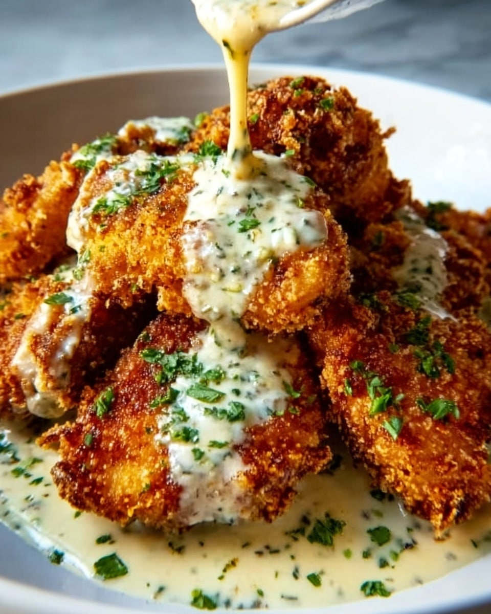 The image shows a white plate with several pieces of crispy, golden-brown fried chicken stacked in a small pile. The chicken is covered with a thick, creamy white sauce that has green herbs sprinkled on top, adding a fresh touch. The sauce is slowly being poured over the chicken from above, creating a smooth, flowing texture. The white marbled surface below adds a clean and bright background contrast to the rich colors of the dish. photo taken with an iphone --ar 4:5 --v 7