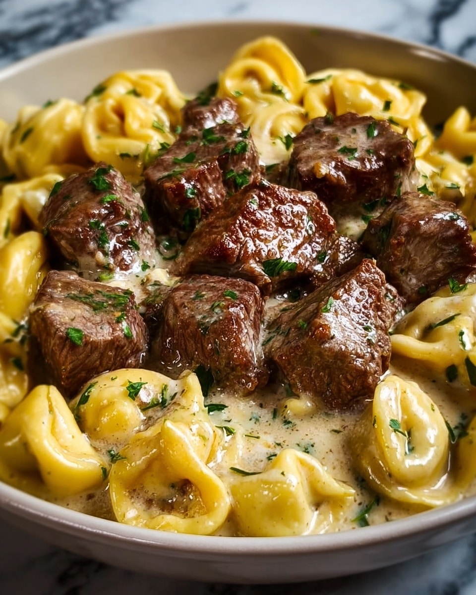 The dish shows several thick pieces of browned, grilled meat resting on a bed of yellow tortellini pasta filled with cheese, all coated with a creamy sauce. The tortellini are plump and shiny, with some black pepper and chopped green parsley sprinkled on top. The sauce is light-colored and smooth, pooling slightly around the pasta and meat, giving a rich look. The textures contrast well with the meat’s charred surface and the soft, folded pasta shapes. The background is a white marbled texture. photo taken with an iphone --ar 4:5 --v 7