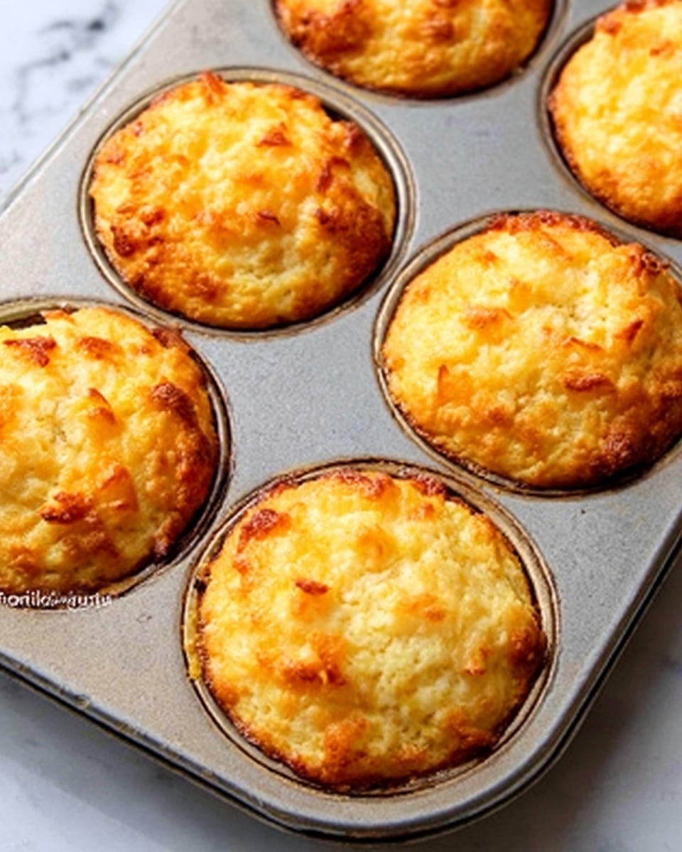 The image shows a metal muffin tray with seven baked golden brown potato-topped muffins. Each muffin has a textured top layer of mashed potatoes that are slightly browned and crispy around the edges. The potato layer appears fluffy and creamy with some small browned spots. The muffins are evenly spaced in the tray, and the metal surface has a slightly shiny finish. The background has a white marbled texture. Photo taken with an iphone --ar 4:5 --v 7