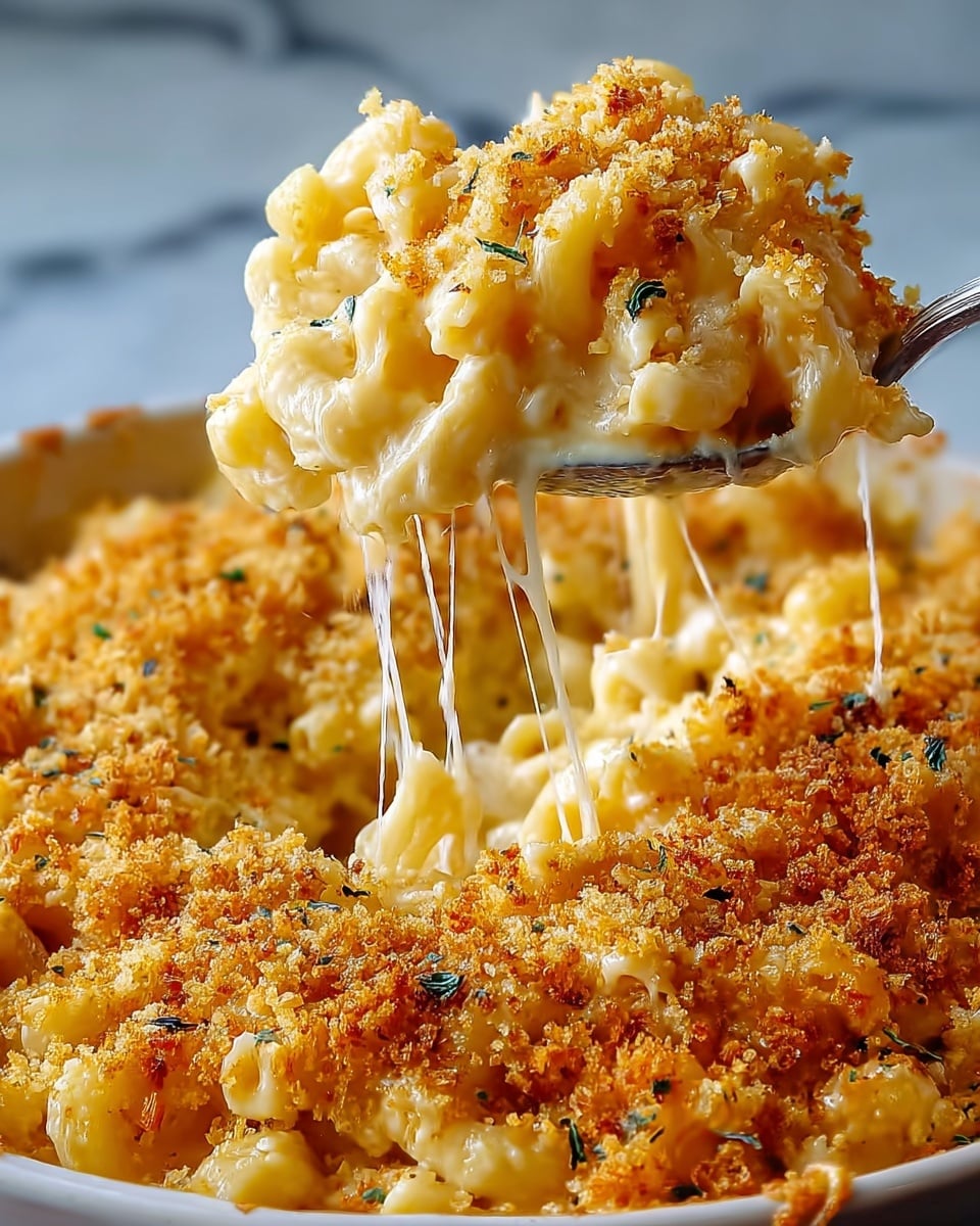 A close-up view of a spoon lifting a portion of mac and cheese from a white dish, showing three layers: the top layer is golden brown, crunchy breadcrumbs; the middle layer is creamy, melted cheese coating elbow macaroni; the bottom layer is gooey cheese stretching from the dish to the spoon, with macaroni visible through the cheese. The dish sits on a white marbled surface, and the background is softly blurred. photo taken with an iphone --ar 4:5 --v 7
