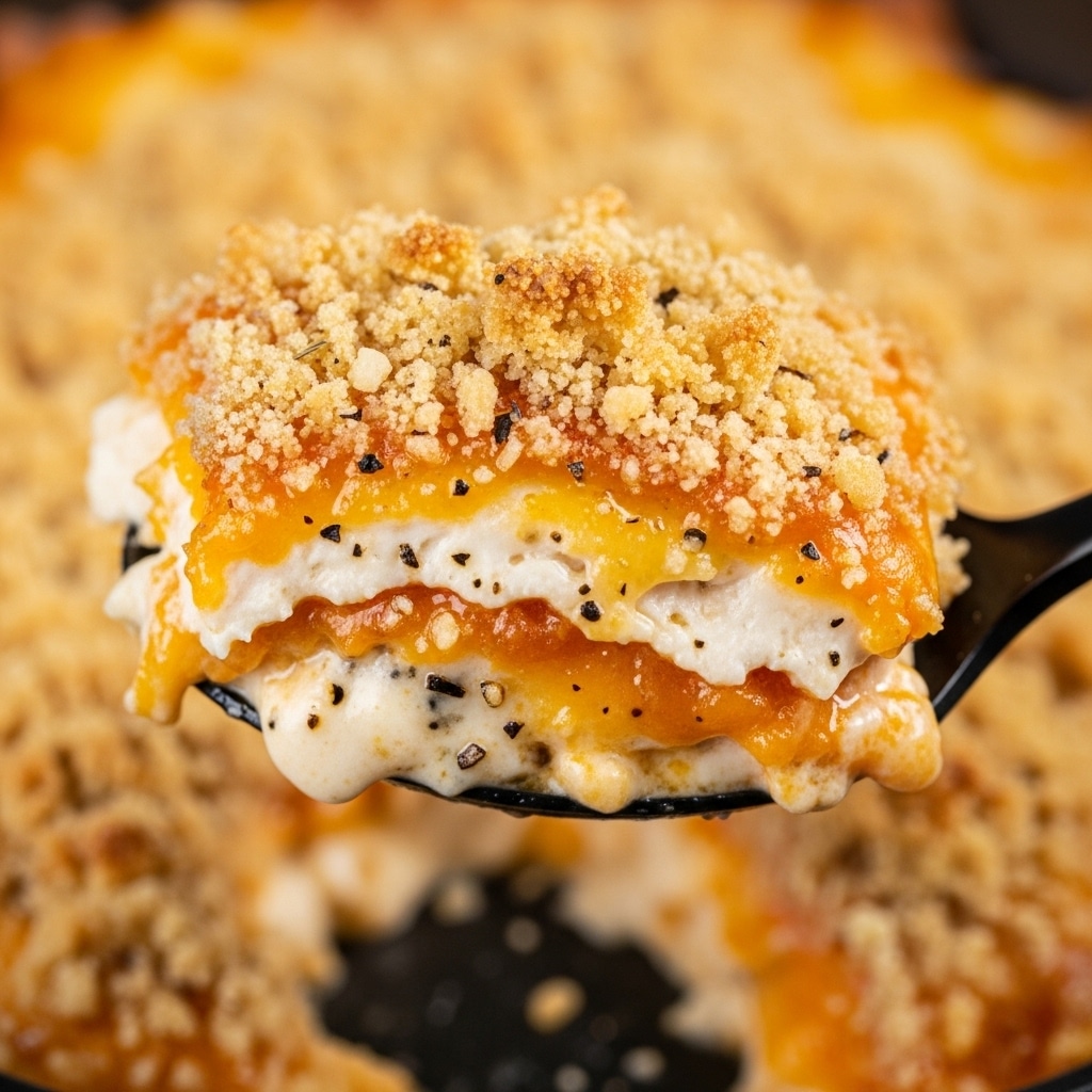 A close-up of a black spoon holding a layered baked dish with a crispy light brown crumb topping, melted golden-brown cheese underneath, and visible soft, slightly browned creamy layers mixed with small flecks of black pepper. The background shows more of the same dish in a pan, lightly blurred, with a mix of melted cheese and crumb bits. The overall colors are warm with golden, orange, and creamy white tones against the black spoon. Photo taken with an iphone --ar 4:5 --v 7