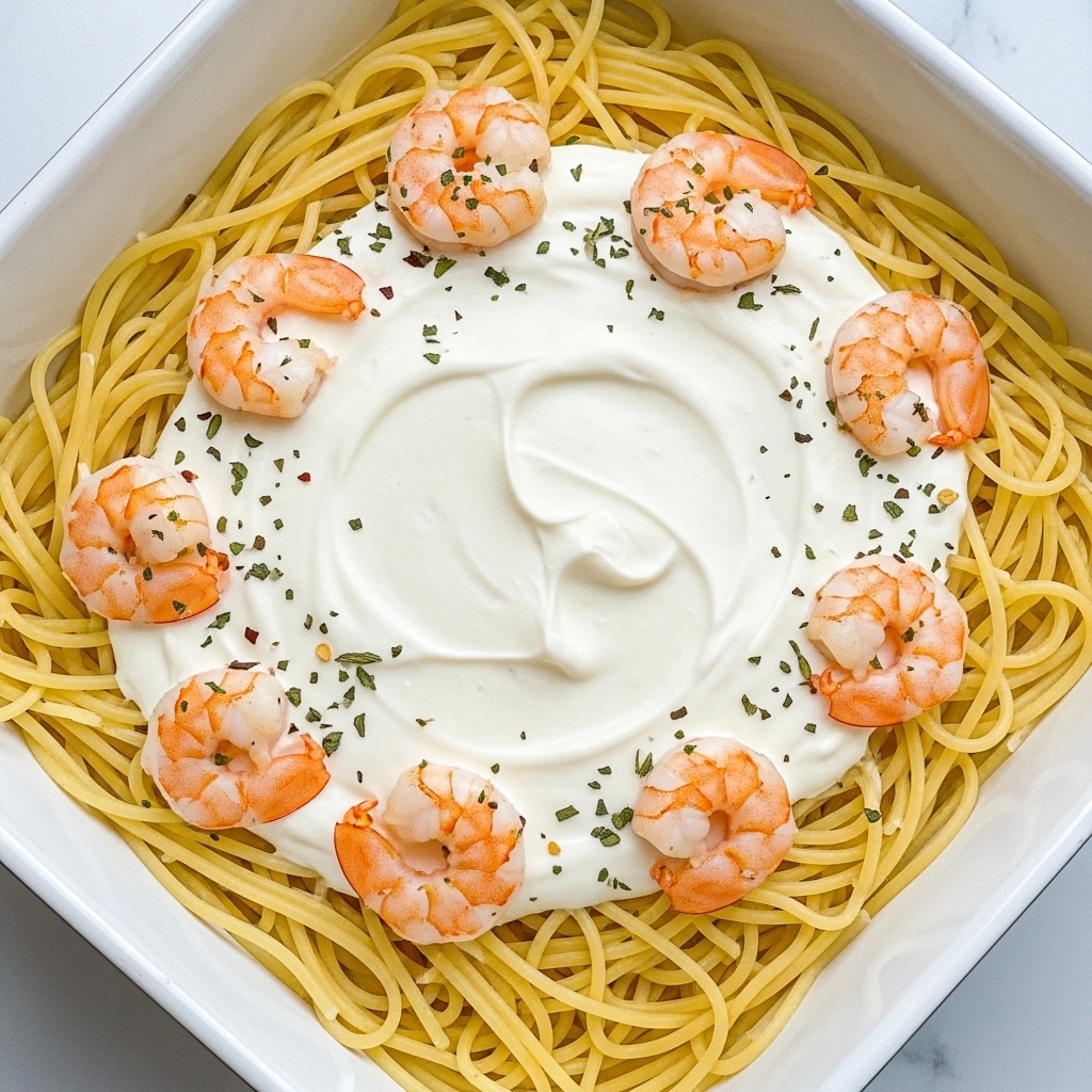 A white square baking dish filled with creamy shrimp pasta. The bottom layer is long cooked spaghetti noodles, light yellow and soft, spread evenly. On top of the noodles is a thick white creamy sauce that covers the middle of the dish, smooth and glossy. Scattered on the sauce are medium-sized shrimp, pale orange and white with a slight shine. The shrimp are placed in a loose circle near the edges of the creamy sauce. Small green herb flakes are sprinkled over the shrimp and sauce, adding tiny spots of color. Photo taken with an iphone --ar 4:5 --v 7