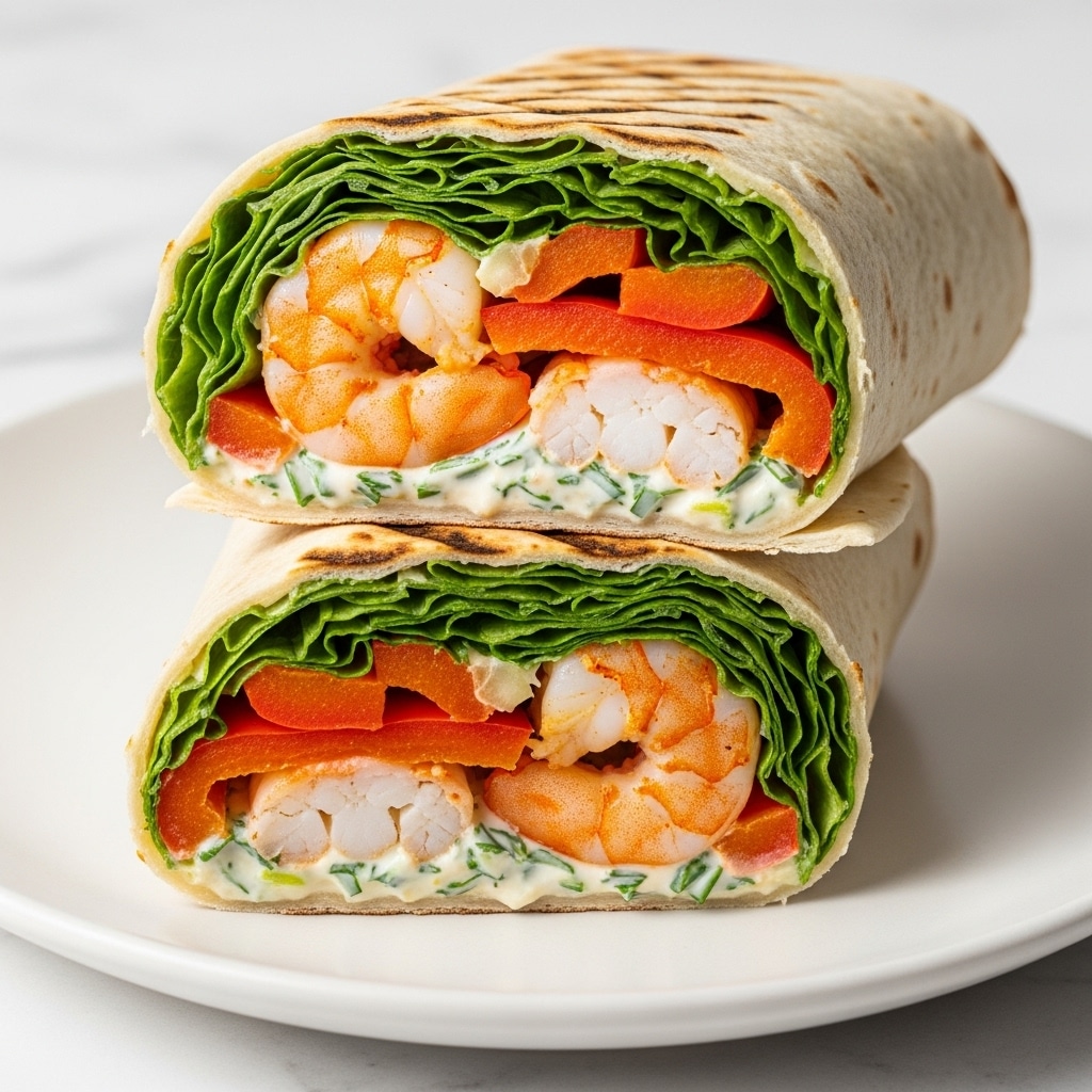 The image shows two wraps cut in half and stacked on a white plate. Each wrap has a soft light brown tortilla with darker grill marks on the outside. Inside, there are several layers: bright green lettuce close to the tortilla, followed by a creamy white sauce with green herbs. On top, there are large pieces of grilled shrimp with a slight orange and white color and grilled orange-red bell pepper chunks. The texture of the shrimp looks juicy and slightly charred. The plate sits on a white marbled surface with soft natural light highlighting the fresh look of the food. Photo taken with an iphone --ar 4:5 --v 7