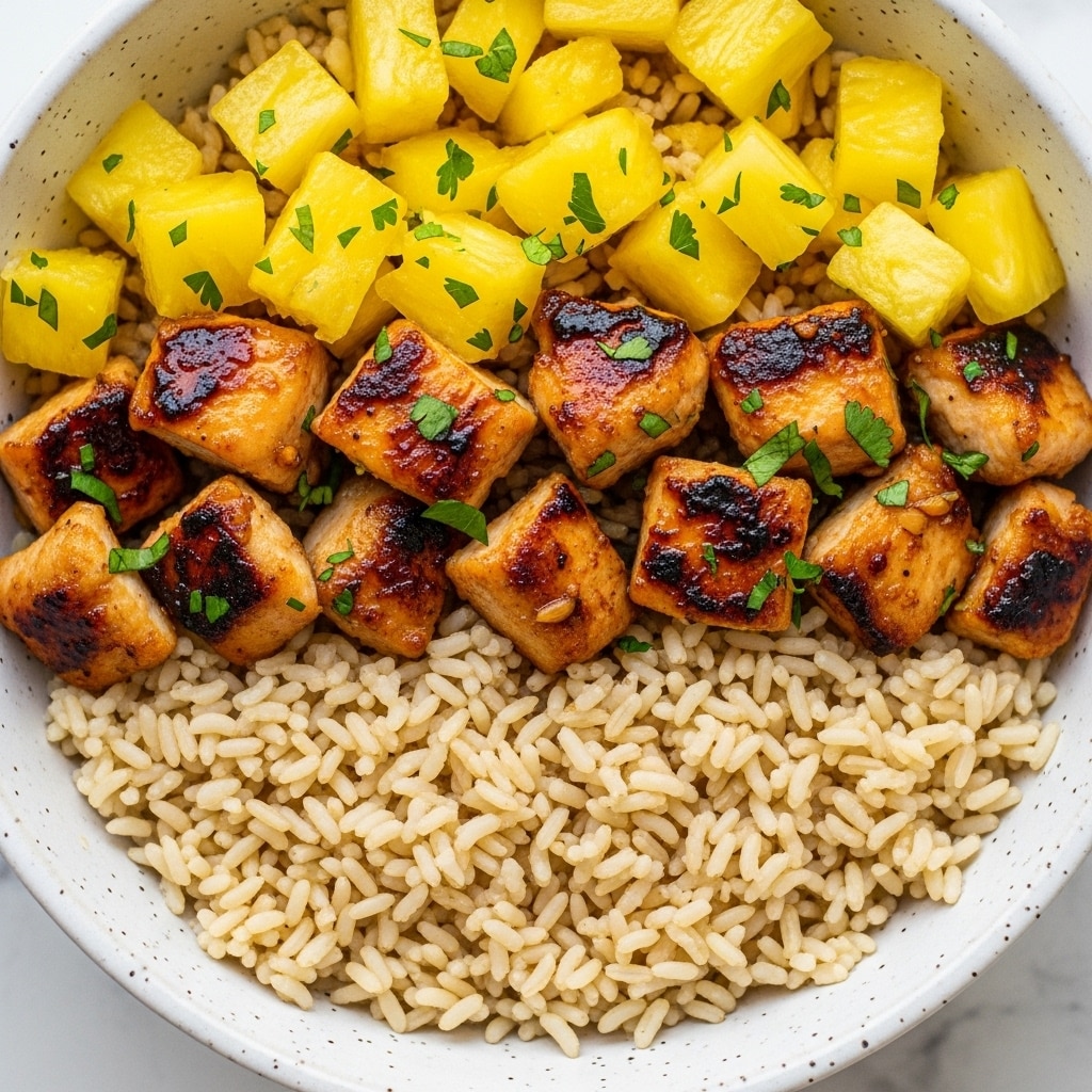 A close-up of a bowl with three main layers: the bottom layer is light brown cooked rice with soft texture, the middle layer has golden-brown grilled chicken chunks with a shiny glaze and slight charring, and the top layer is bright yellow pineapple pieces that look juicy and fresh, scattered evenly, with small green chopped herbs sprinkled on all layers. The bowl is white with a light gray speckled rim and sits on a white marbled surface. photo taken with an iphone --ar 4:5 --v 7