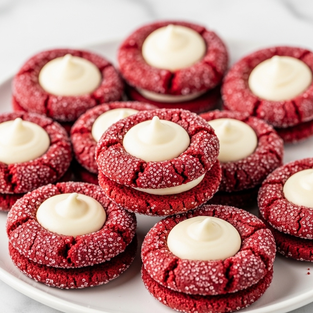 A close-up view shows several deep red cookies with a rough, sugar-coated texture on the outside. Each cookie is round and slightly cracked on top, holding a thick, creamy white dollop of frosting or filling centered in a small hollow. The cookies are arranged closely together on a white plate, set against a white marbled surface. The rich red color contrasts with the smooth, pale topping, making the cookies look soft and moist inside with a crunchy sugar exterior. photo taken with an iphone --ar 4:5 --v 7