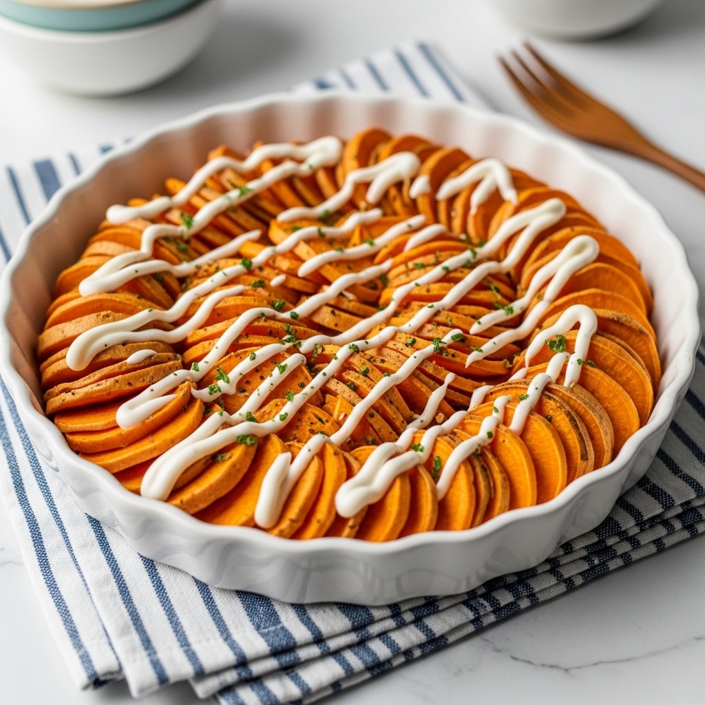 A white scalloped dish filled with evenly spread orange sweet potato slices arranged in neat overlapping layers. The top is drizzled with white creamy sauce in a zigzag pattern, and sprinkled with green herbs and a few bits of brown seasoning. The dish sits on a folded blue and white striped cloth on a white marbled surface, with blurred bowls and a wooden fork nearby. Photo taken with an iphone --ar 4:5 --v 7