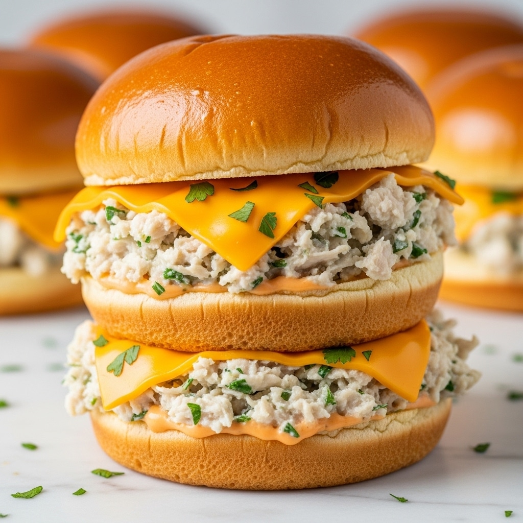 The image shows a close-up of a small sandwich with two soft, golden-brown buns. Inside, there are two layers of shredded white chicken mixed with green herbs. Between them, melted orange cheese drips slightly, creating a creamy texture. The top bun rests gently on the layers, with some chicken pieces falling around the sandwich. The background is a white marbled texture, and the lighting highlights the moist and fresh look of the sandwich. photo taken with an iphone --ar 4:5 --v 7