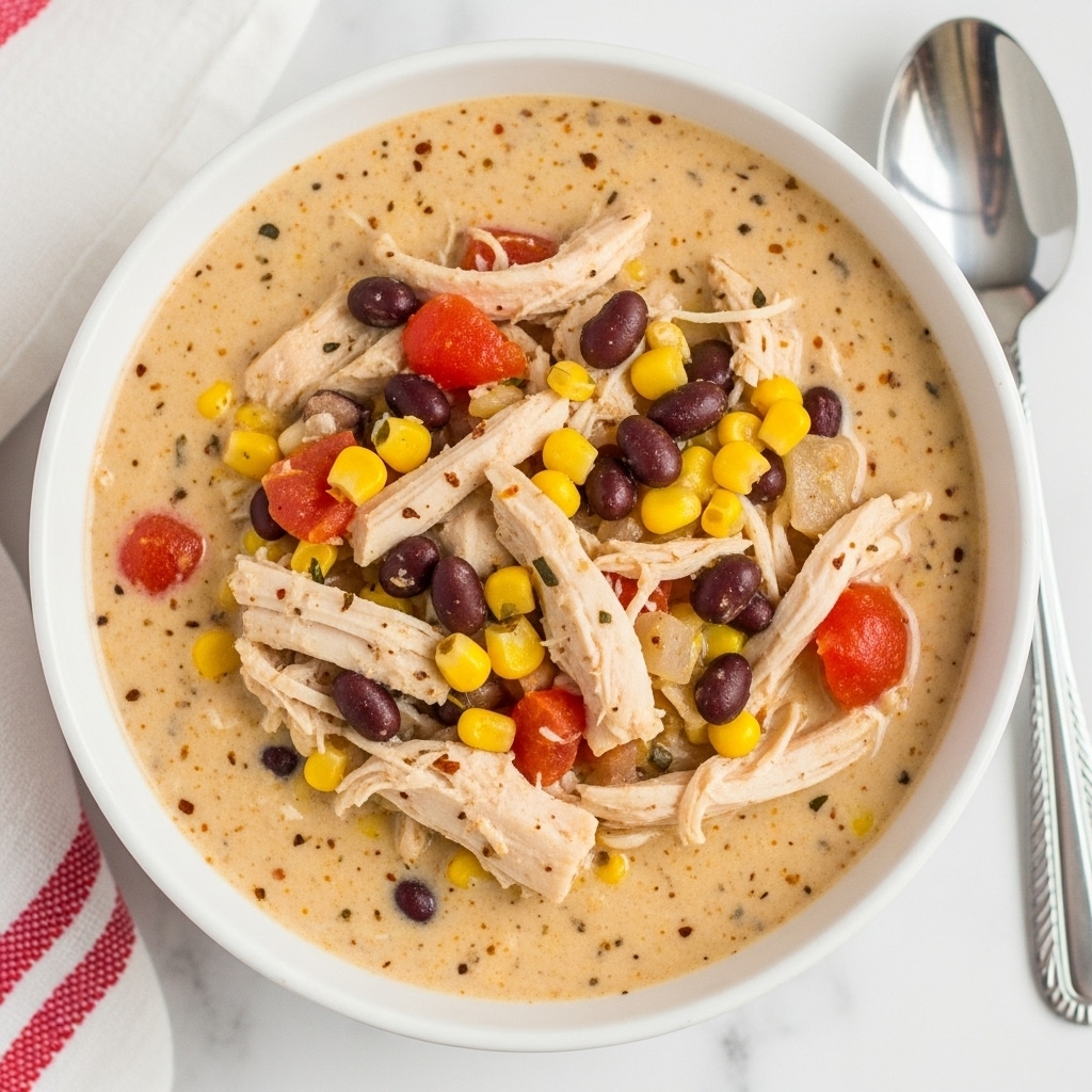 A white bowl filled with creamy soup that has a light beige base mixed with chunks of shredded chicken, black beans, yellow corn kernels, and small pieces of red tomato. The texture looks thick and rich, with visible bits of spices scattered throughout. The bowl is set on a white marbled surface next to a spoon and a red and white striped cloth. Photo taken with an iphone --ar 4:5 --v 7