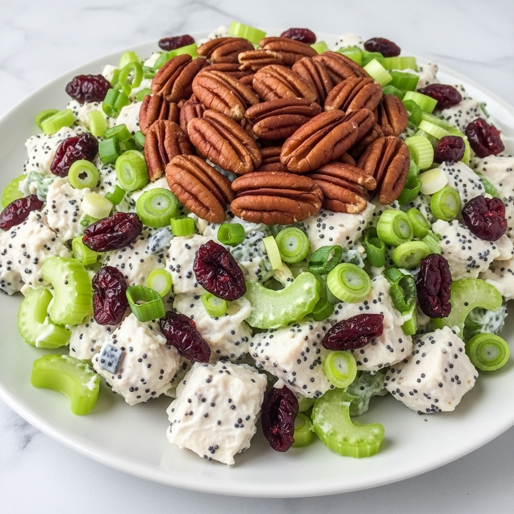 A white plate on a white marbled surface holds a creamy chicken salad with several layers. The base layer is chopped cooked chicken coated in a light creamy dressing with black poppy seeds mixed in. Scattered evenly throughout are small bright green chopped celery pieces and sliced green onion tops. Dark red dried cranberries are scattered all over, adding rich color contrast. In the center, a neat arrangement of whole toasted pecans forms a small circle, adding a brown, textured layer on top. The colors of white, green, red, and brown create an inviting mix. photo taken with an iphone --ar 4:5 --v 7