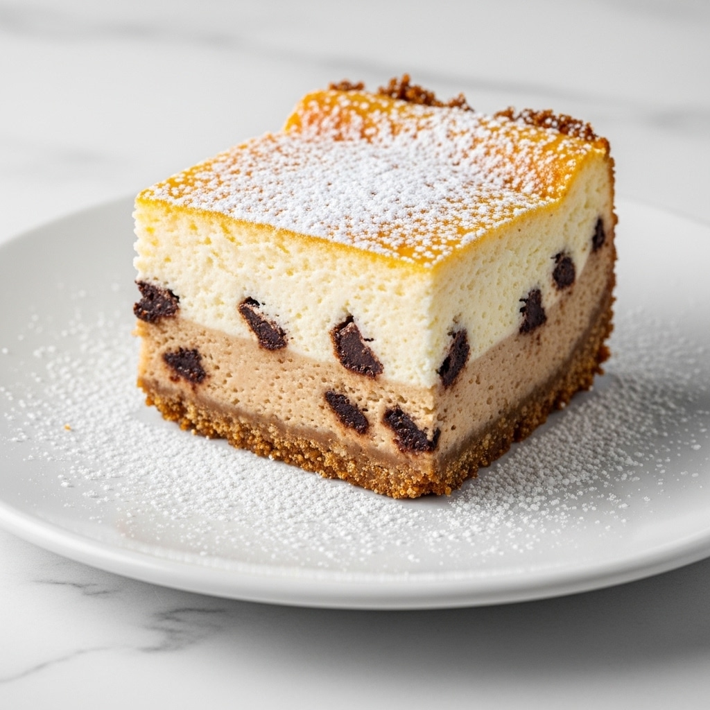 A square slice of cheesecake with three visible layers sits on a white plate over a white marbled surface. The bottom layer is a crumbly brown crust, the middle layer is thick and creamy white with small dark chocolate bits spread throughout it, and the top layer is a thin, light golden-brown baked cheesecake crust dusted with white powdered sugar that also sprinkles the plate near the dessert. The sunlight highlights the soft texture of the cheesecake and the powdered sugar, casting a mild shadow to the lower left. Photo taken with an iphone --ar 4:5 --v 7